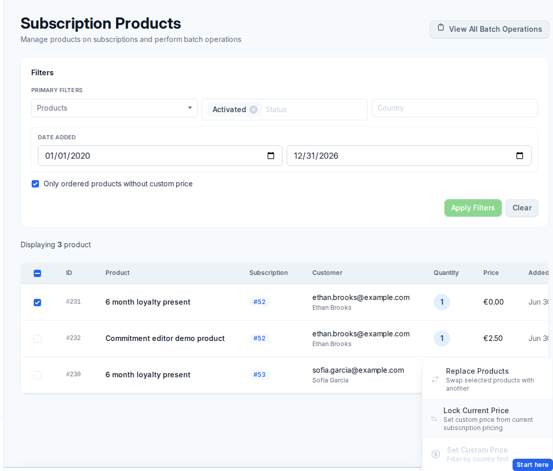 Subscription Products filters with selected matching products and the batch operation action menu