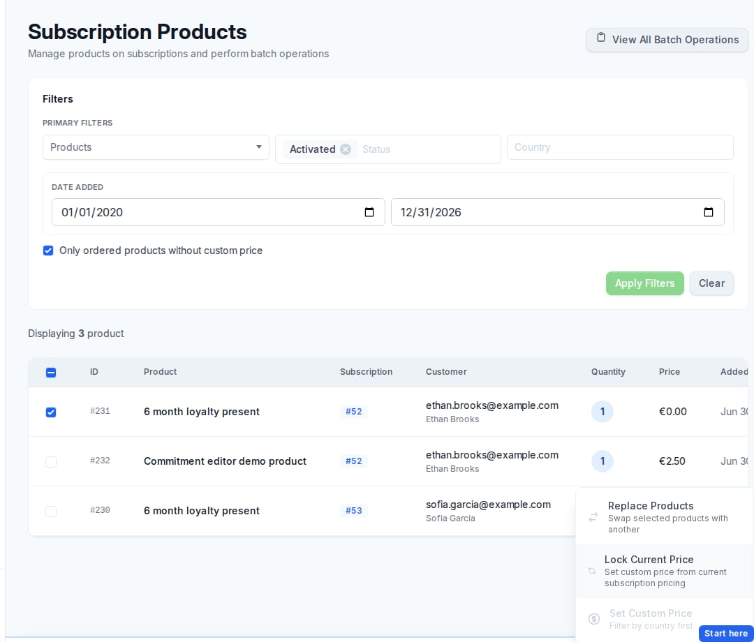 Subscription Products filters with selected matching products and the batch operation action menu