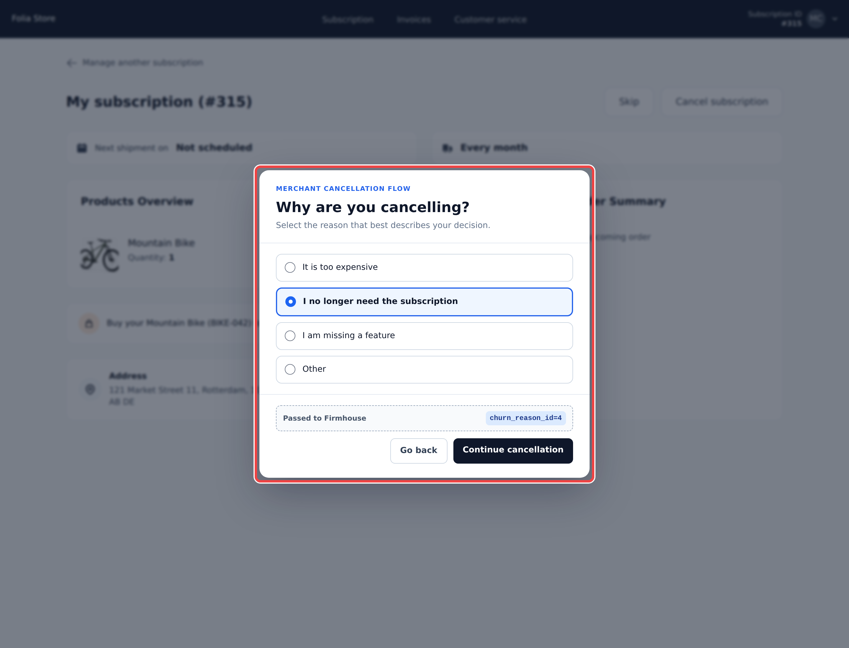 Merchant cancellation modal with a selected reason and the churn reason ID passed to Firmhouse