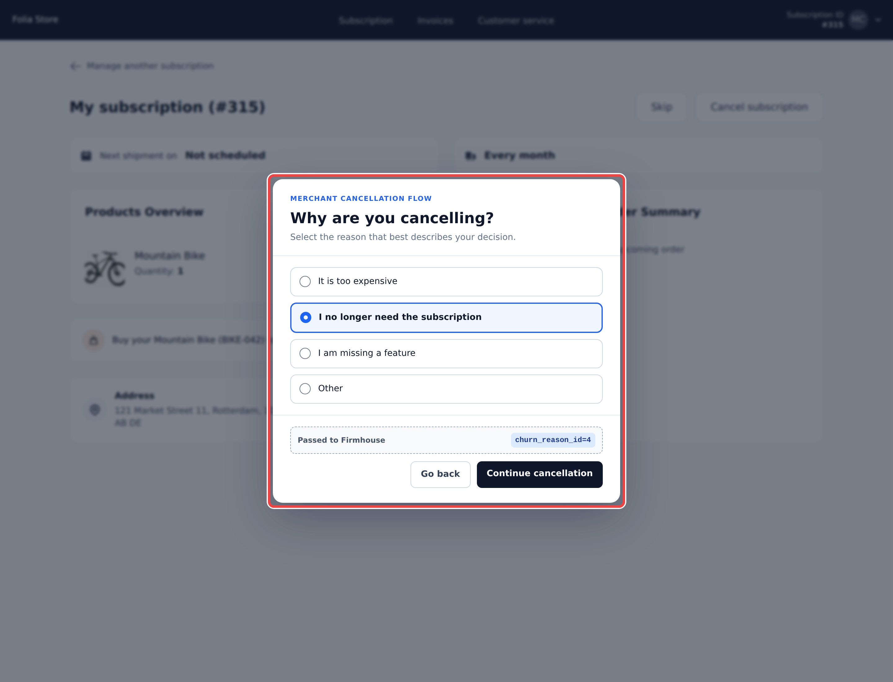 Merchant cancellation modal with a selected reason and the churn reason ID passed to Firmhouse