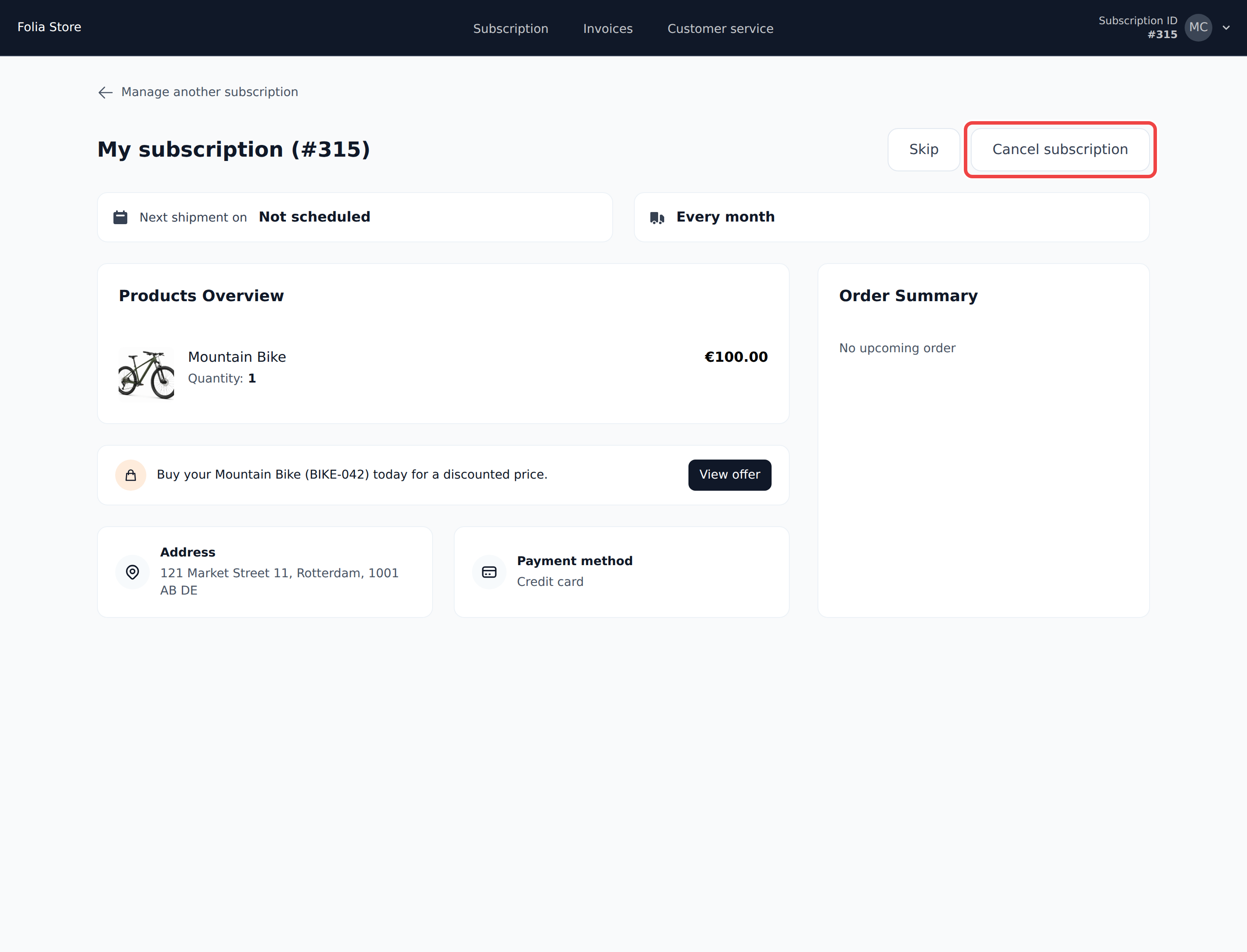 Customer portal dashboard with the Cancel subscription button highlighted