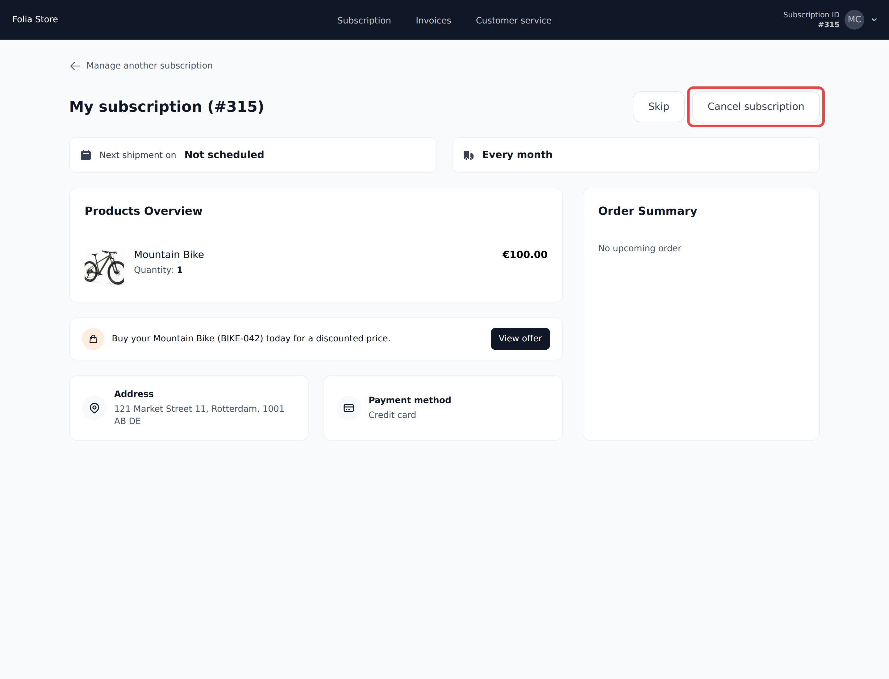 Customer portal dashboard with the Cancel subscription button highlighted