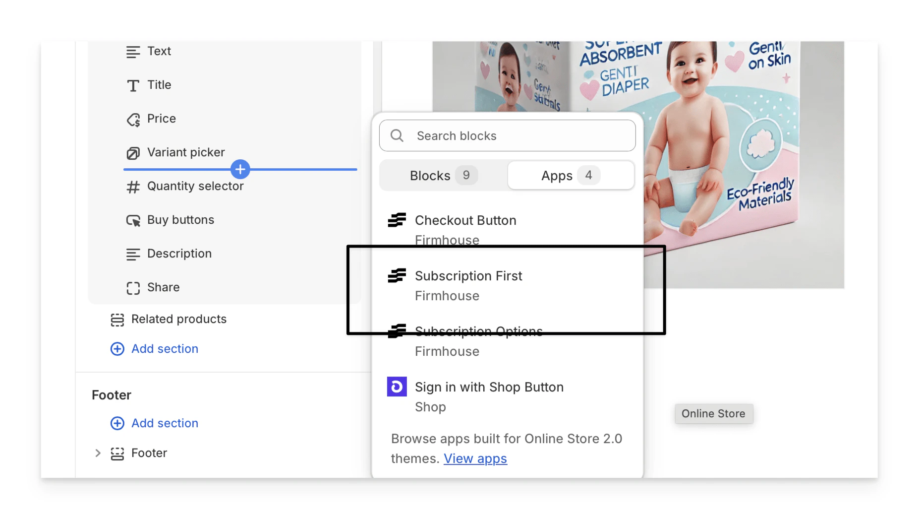 Adding Subscription First theme block to product page