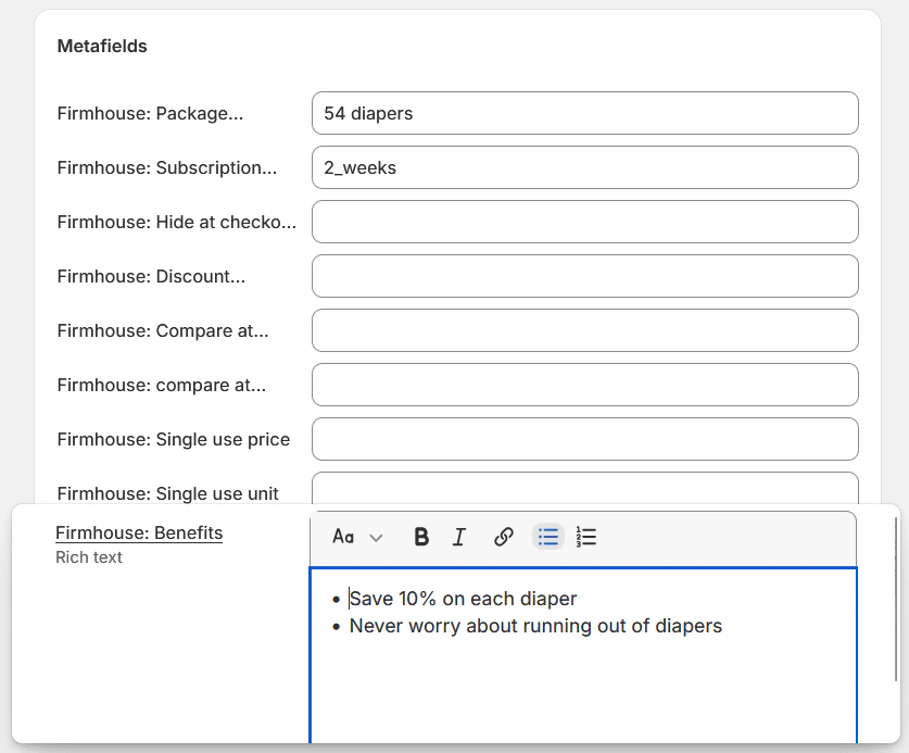 Benefits metafield configuration