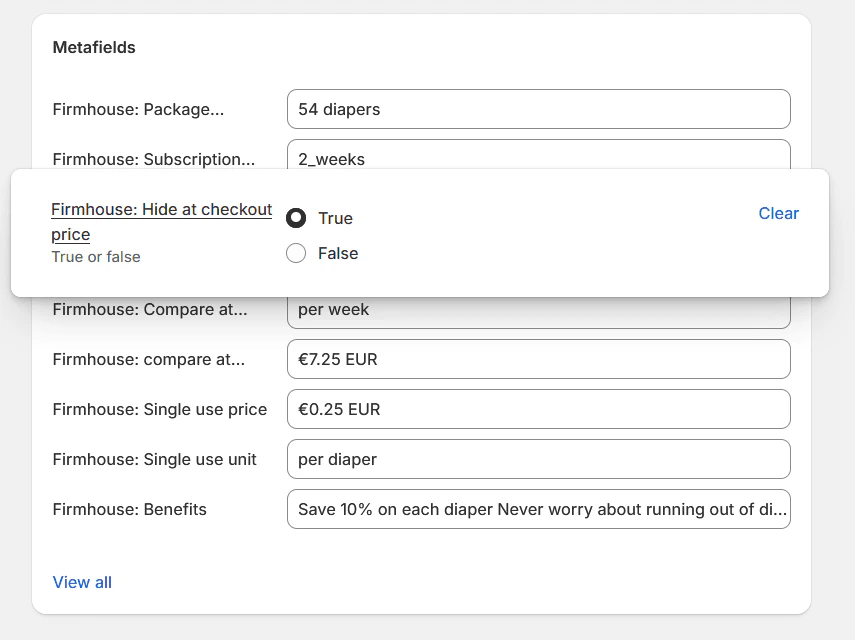 Hide checkout price metafield configuration