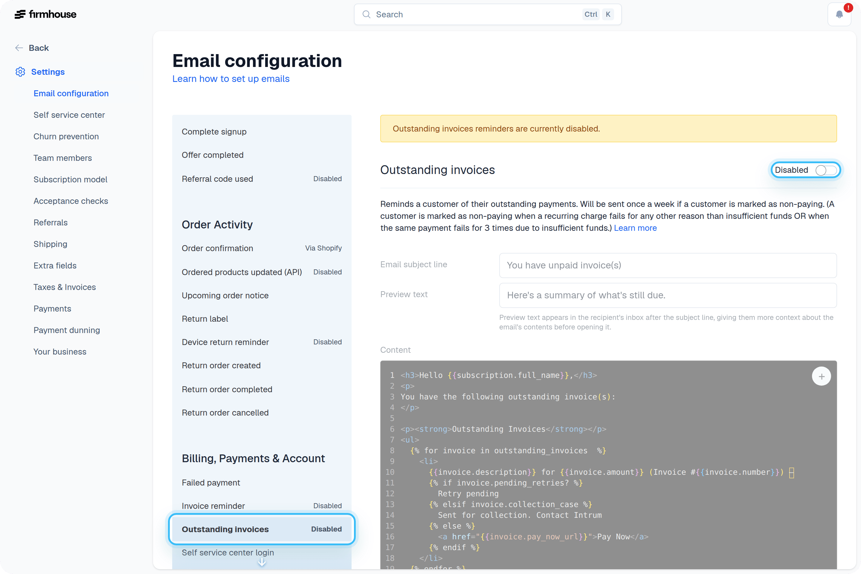 Outstanding Invoices Email Settings