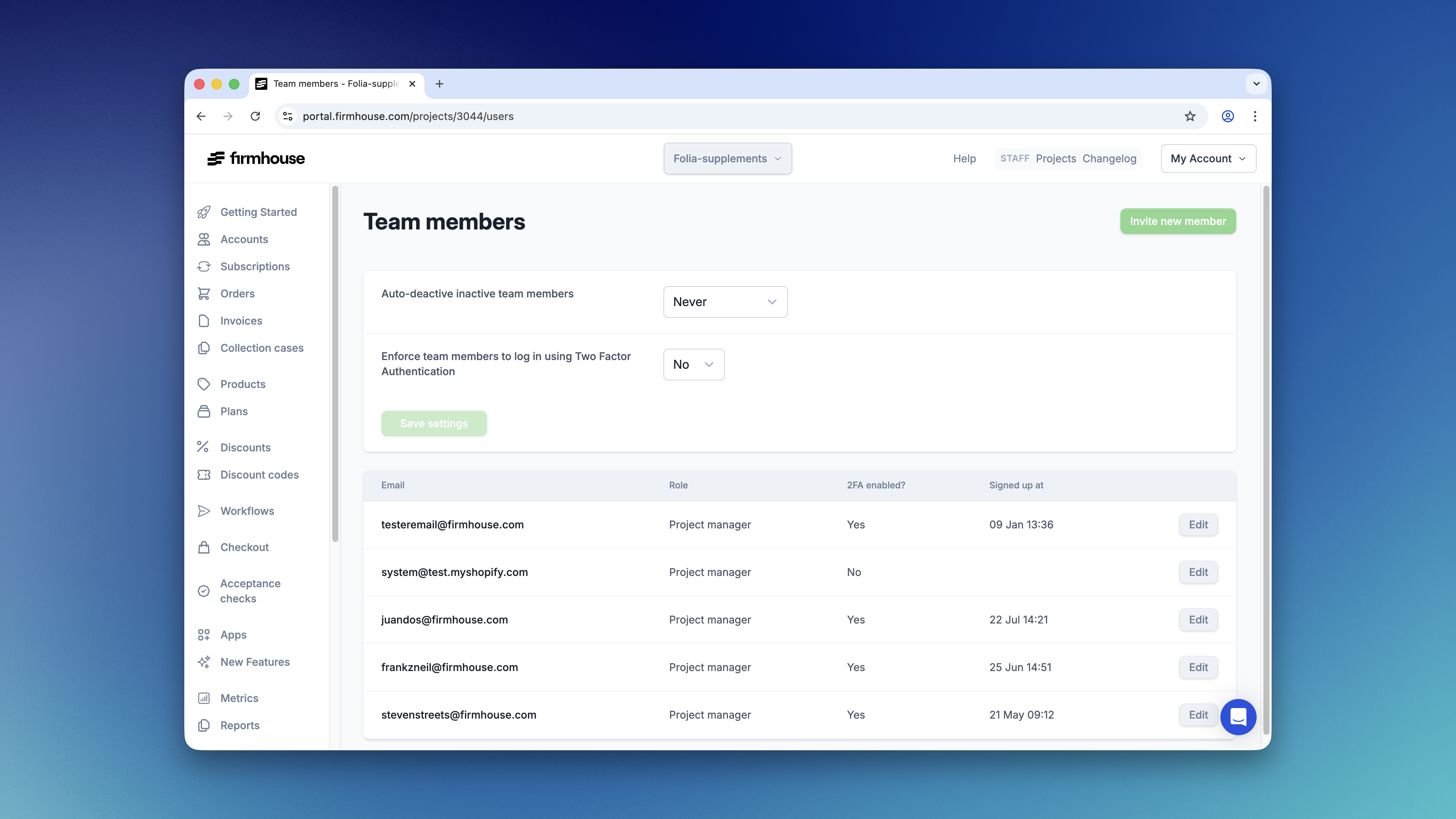 Team Members Settings Page