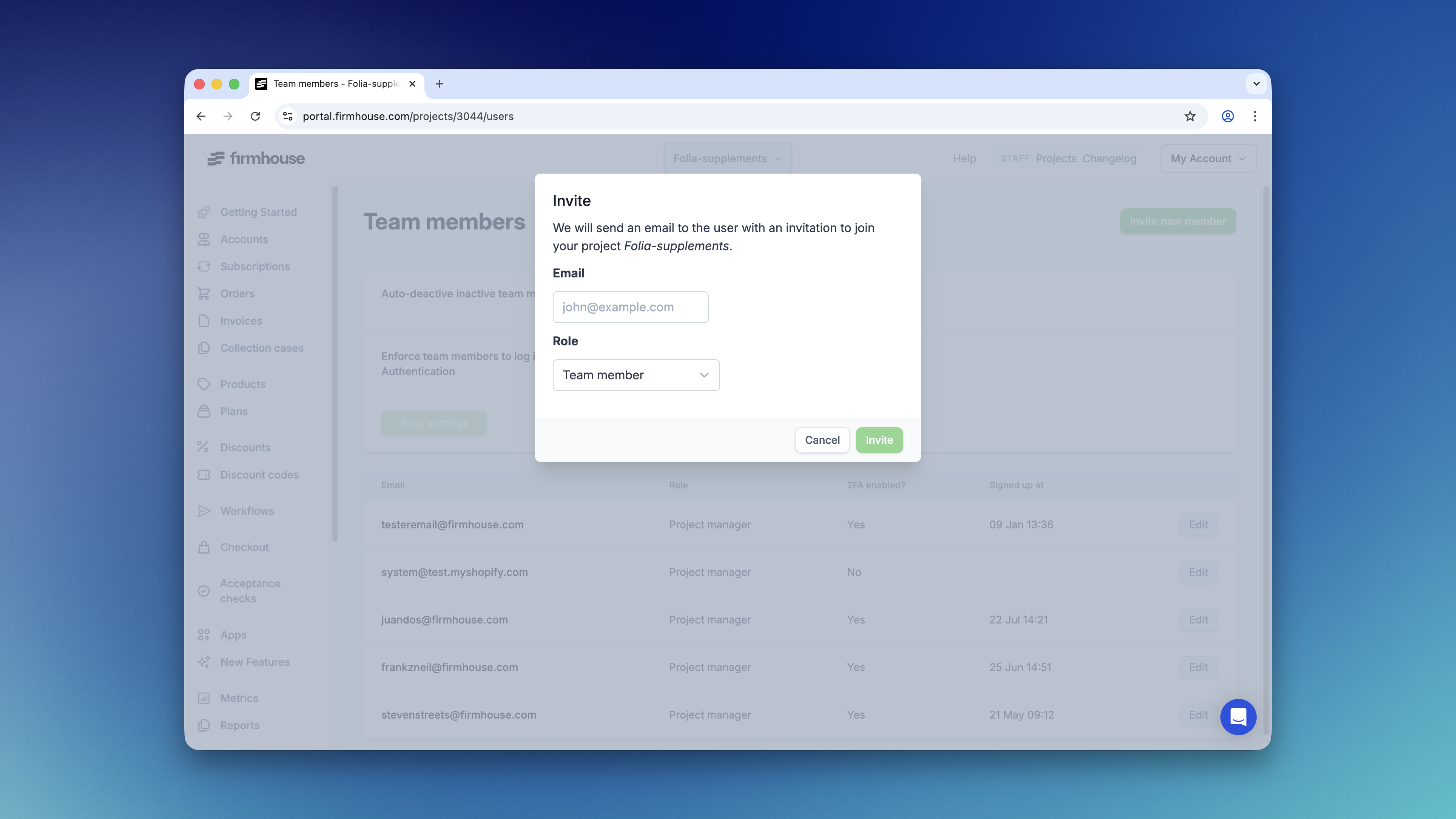 Invite Team Member Popup