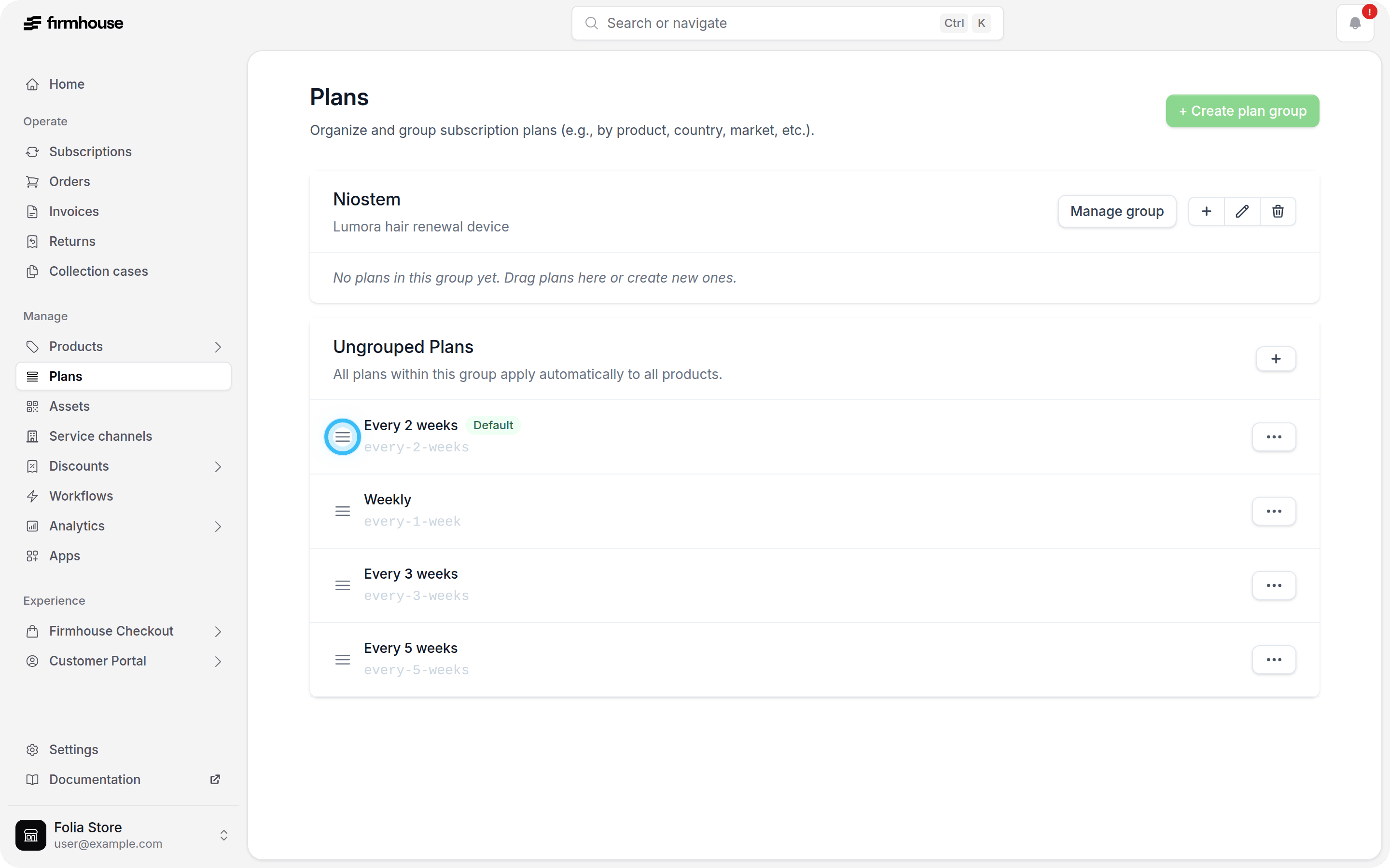 Drag handle for moving a plan into a different group