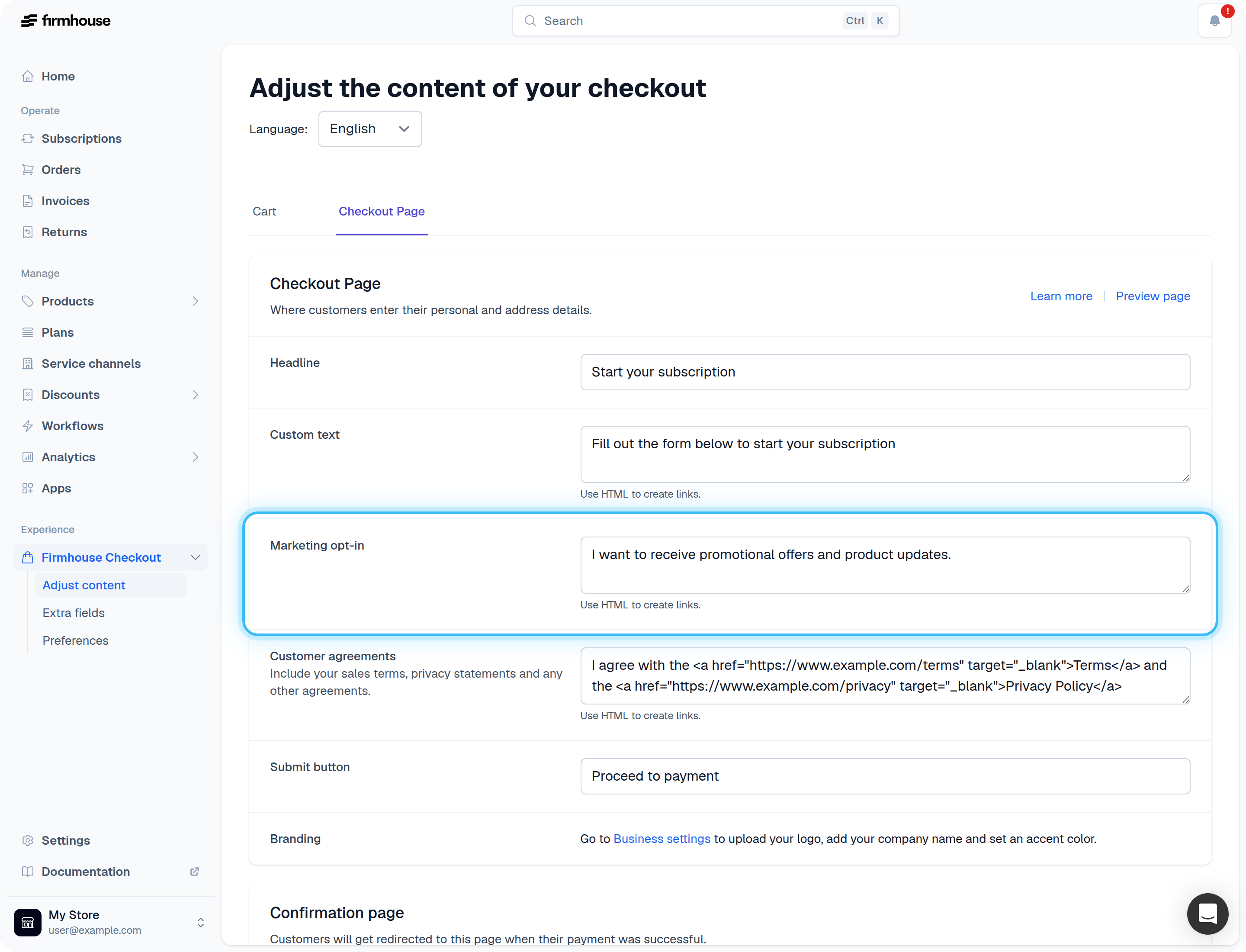 Marketing Opt-in Content Configuration