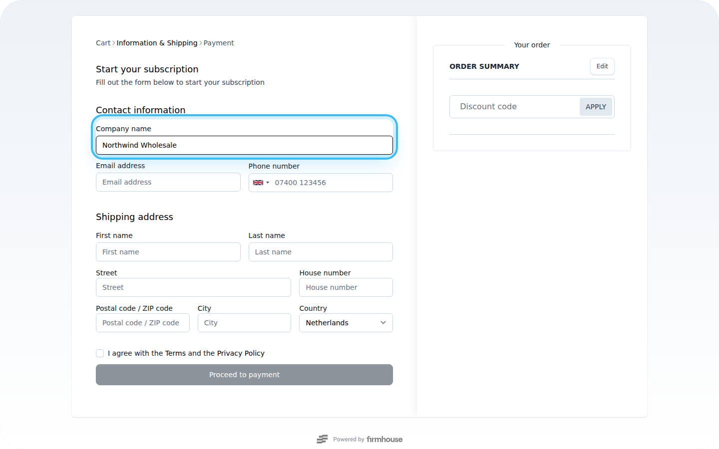 Checkout form with Company Name field
