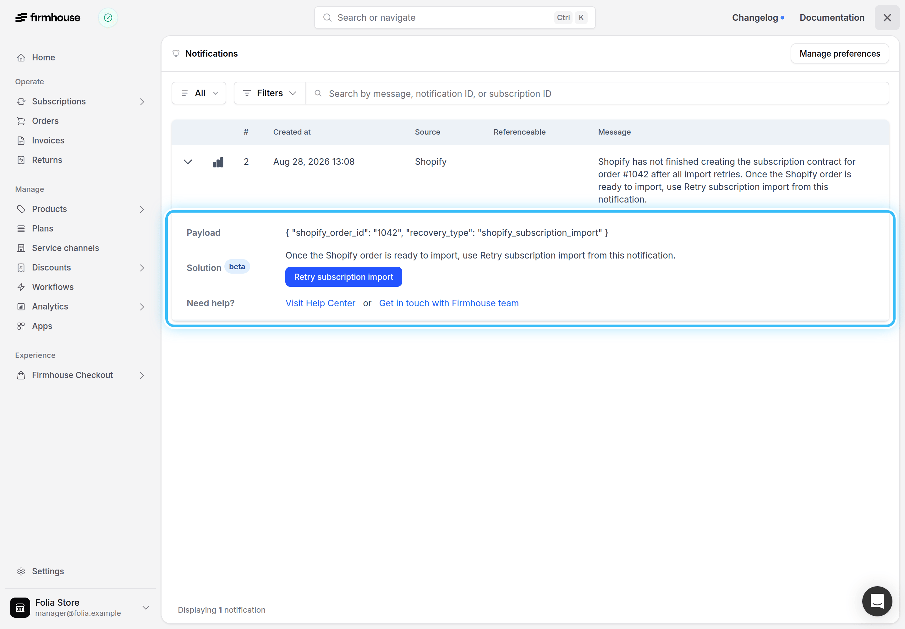 Expanded Shopify import notification with the Retry subscription import action highlighted