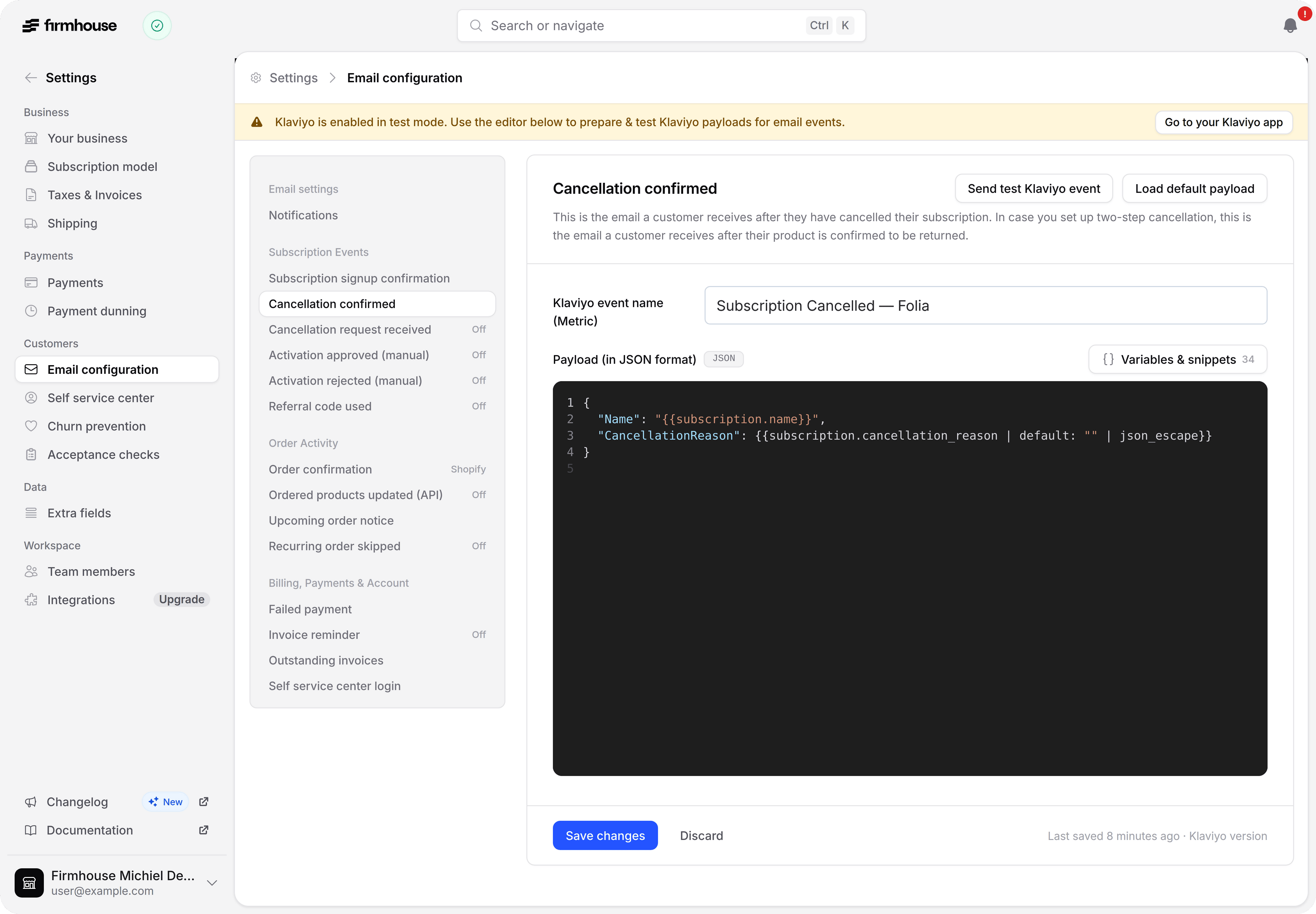 Klaviyo email editor showing the default JSON payload with the custom metric name preserved