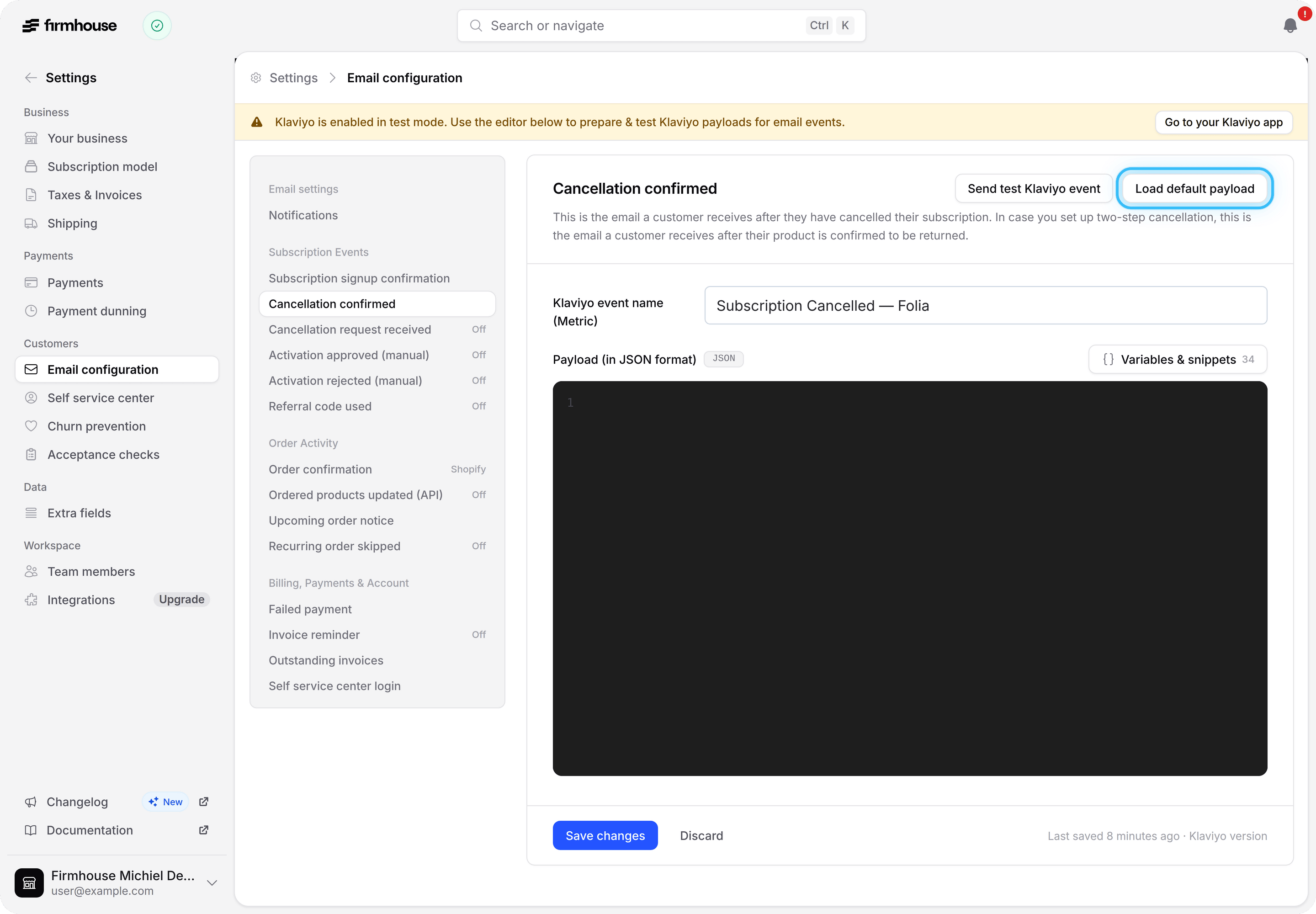 Klaviyo email editor with Load default payload highlighted and a custom metric name
