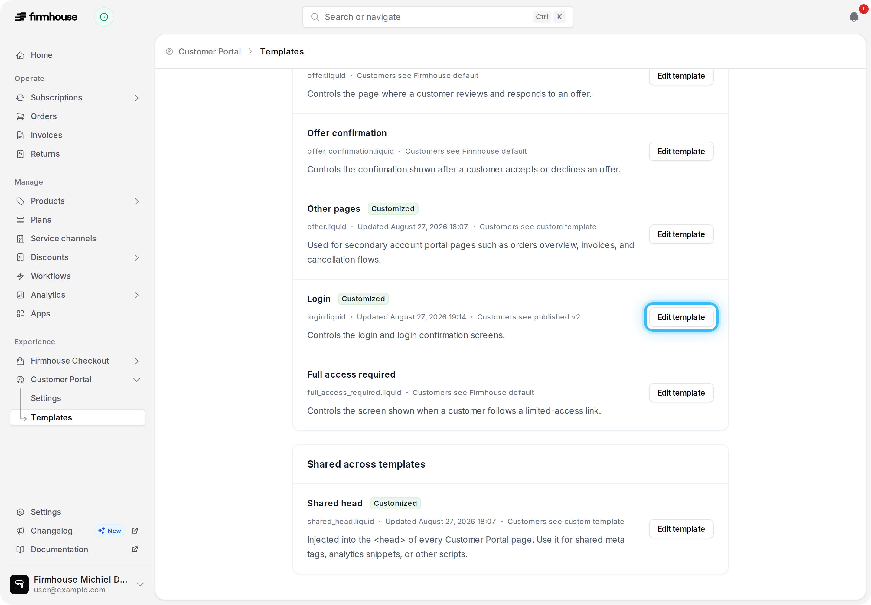 Customer Portal template list with the Login template edit button highlighted