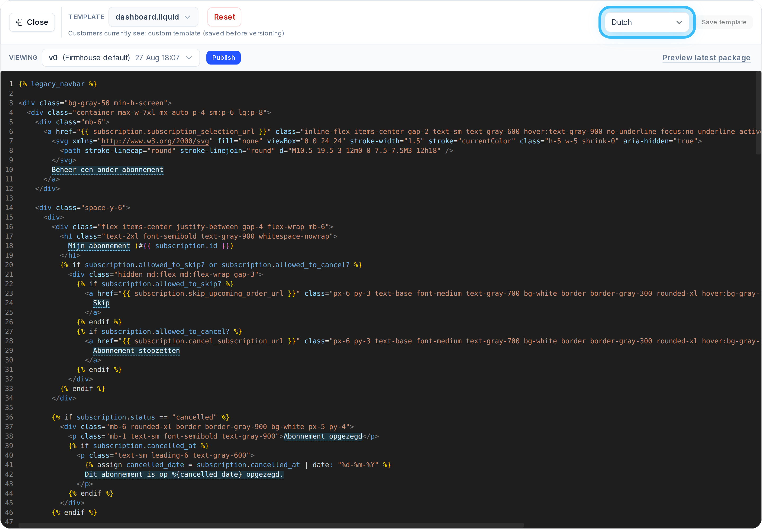Customer Portal template editor showing Dutch translations with the language selector highlighted