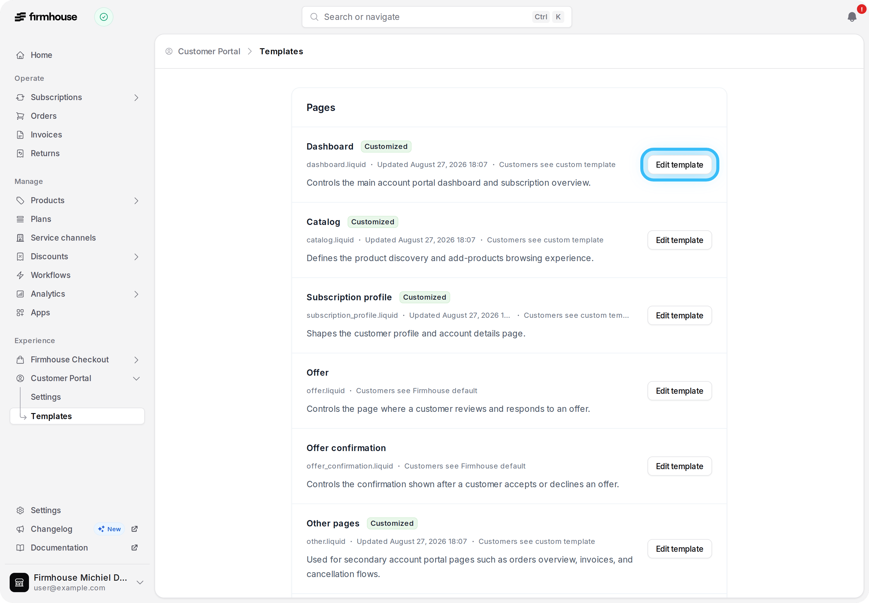 Customer Portal templates page with the Dashboard Edit template button highlighted