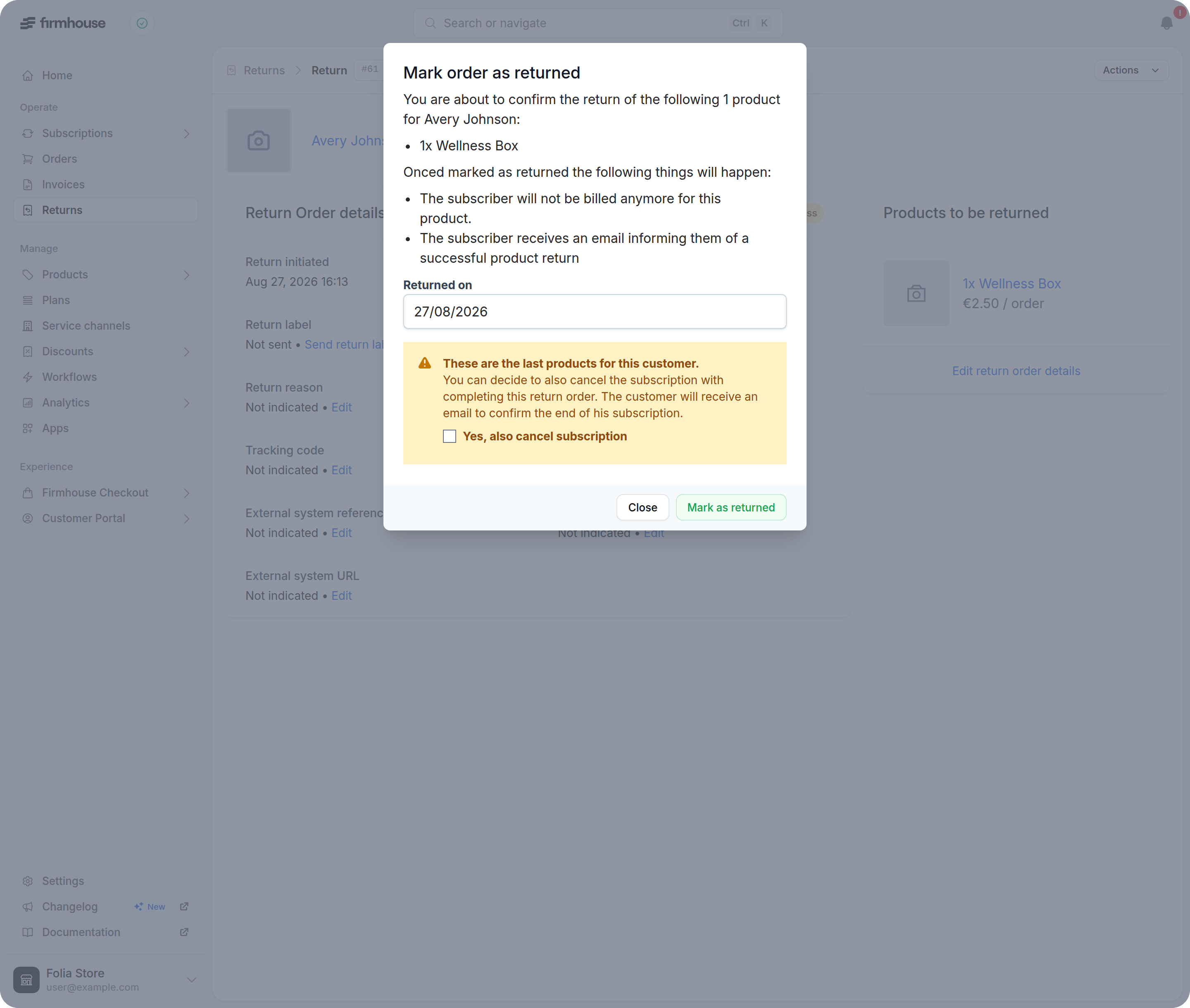 Return completion modal warning that these are the customer's last products and offering to cancel the subscription