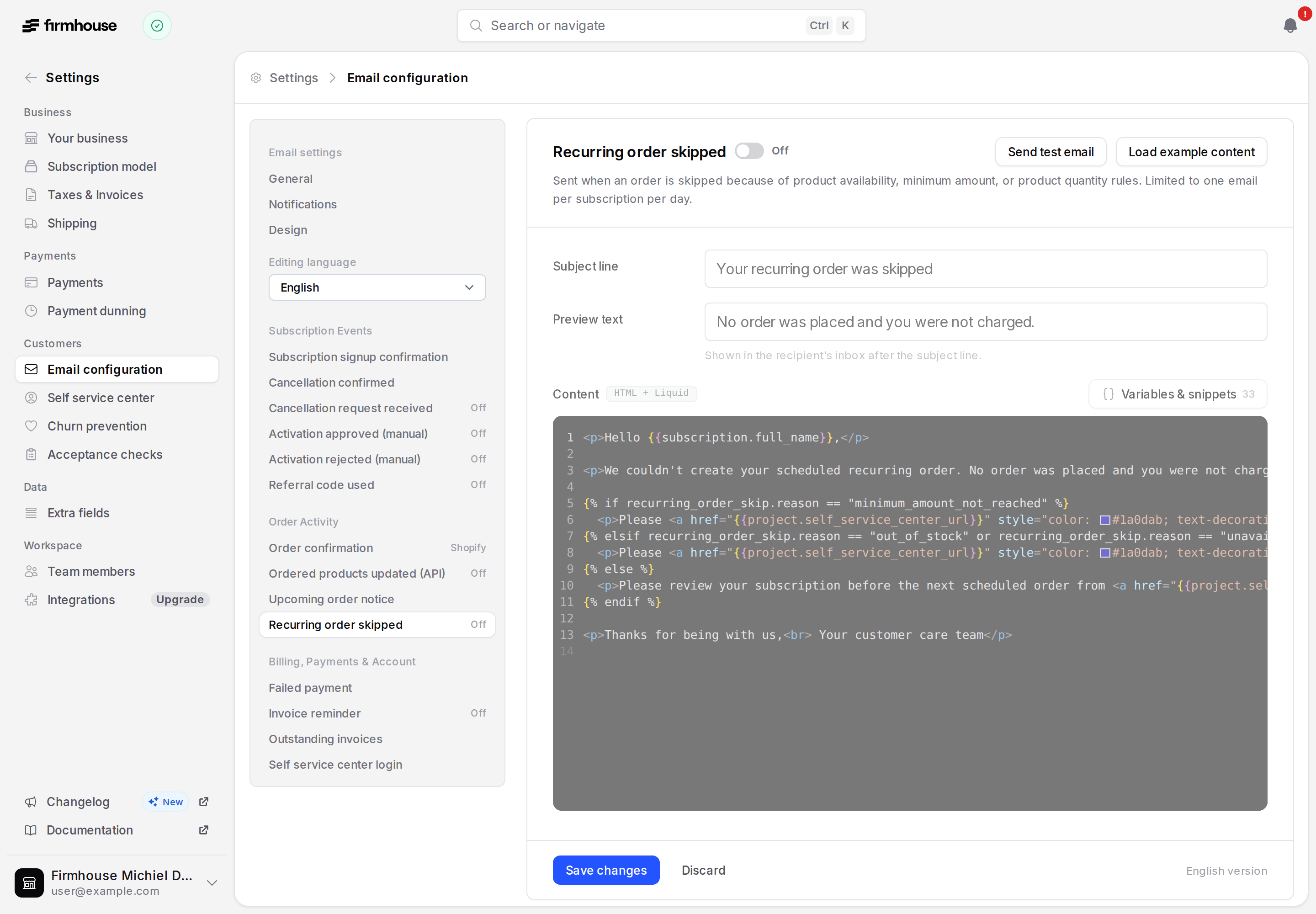 Recurring order skipped email editor with the opt-in switch and reason-aware default template