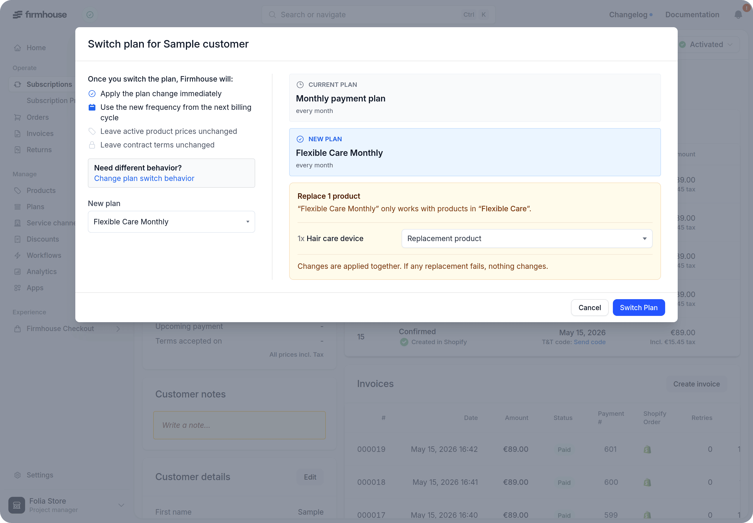 Switch plan modal with a new plan and replacement product selected