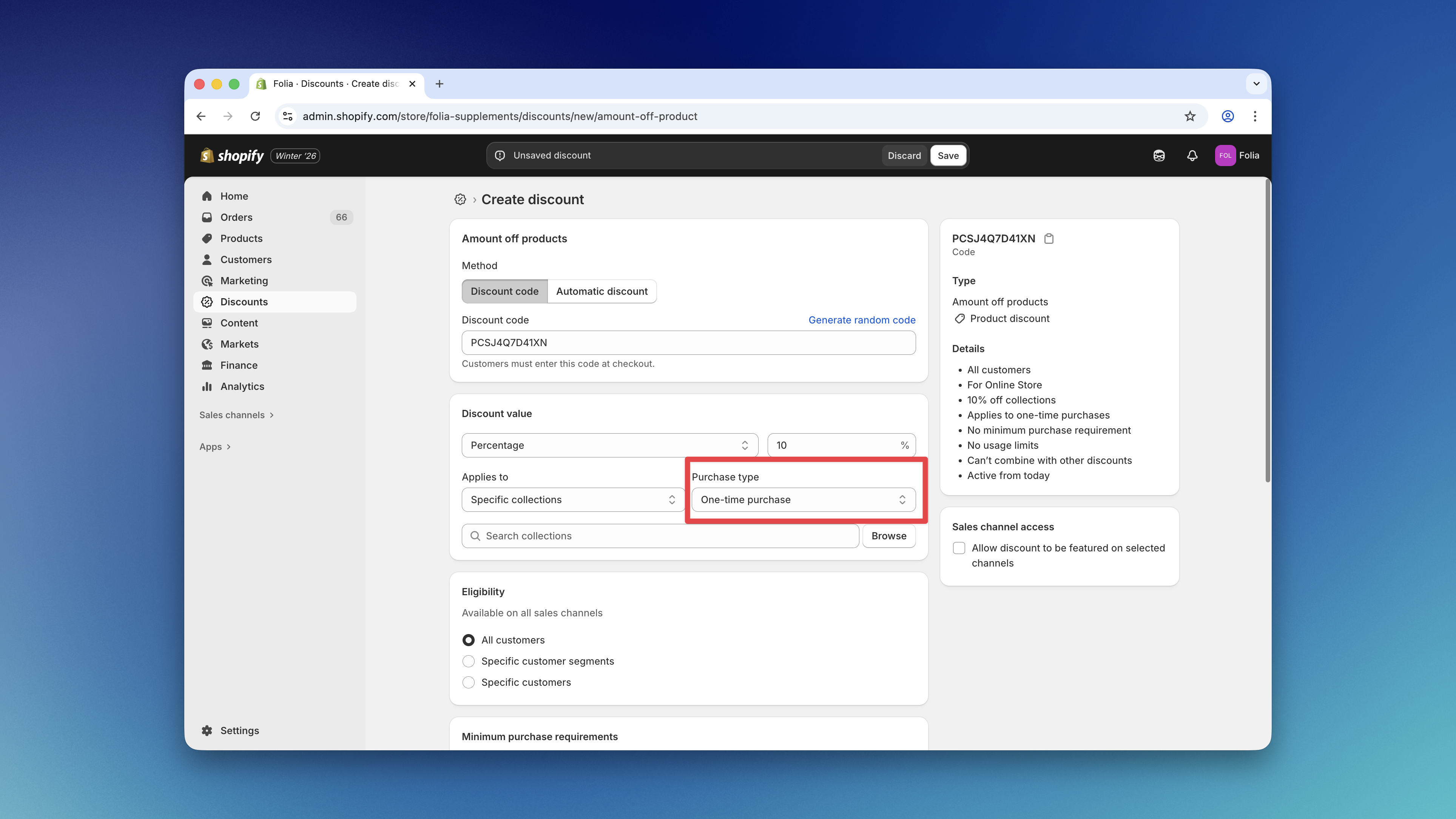 Shopify Discount Configuration - One-time Purchase