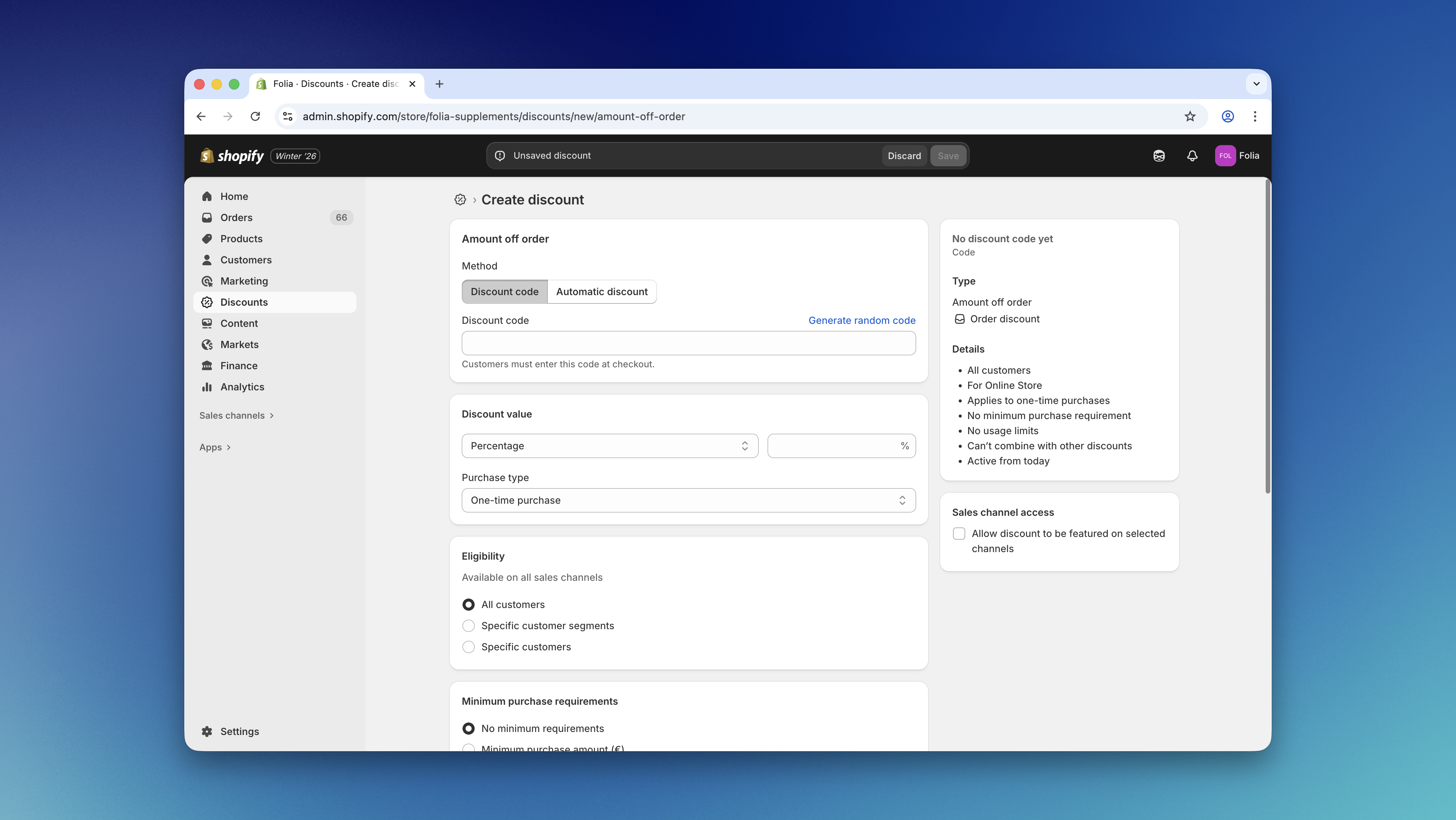 Amount Off Orders Settings