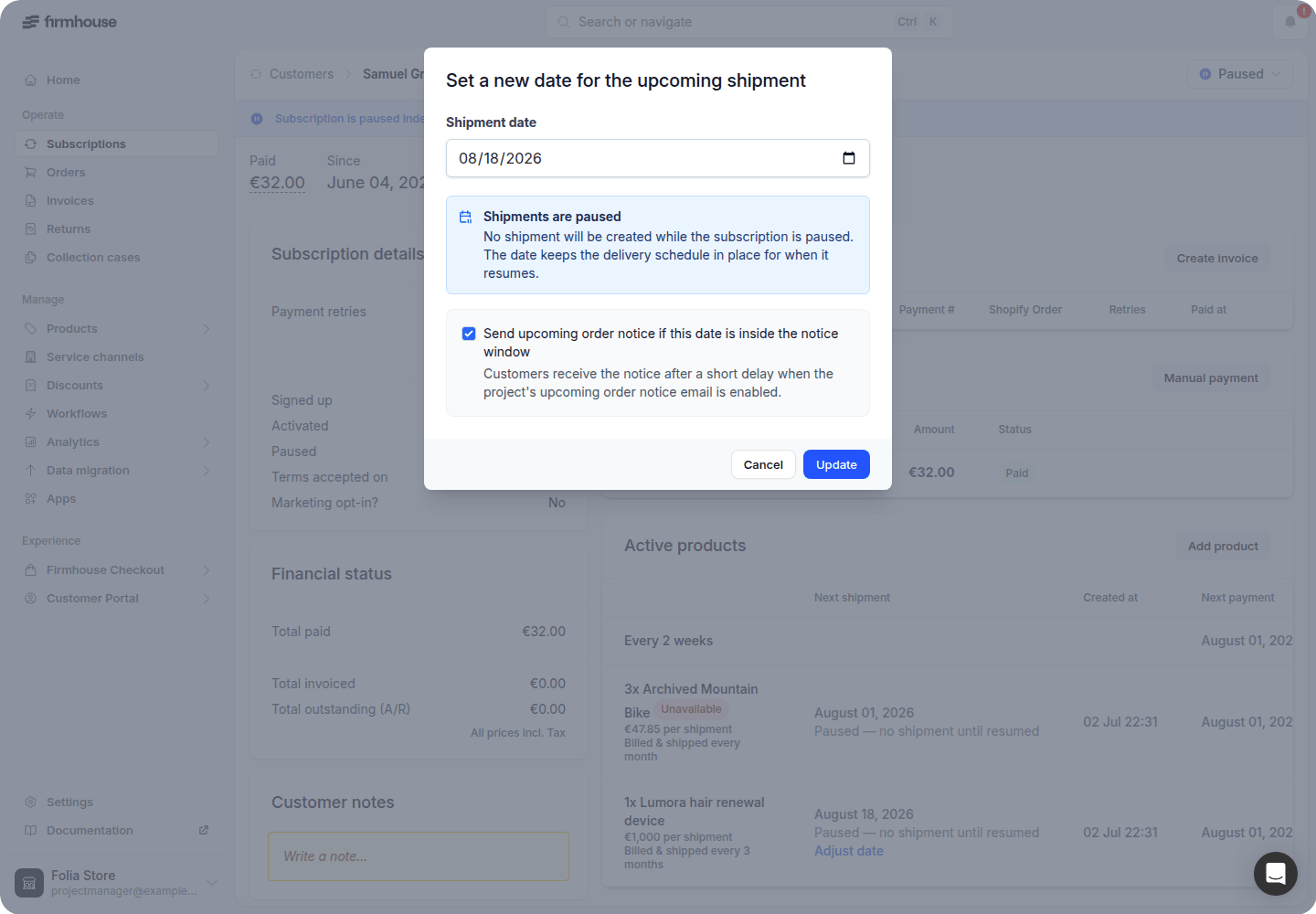 Shipment date form explaining that no shipment is created while the subscription is paused