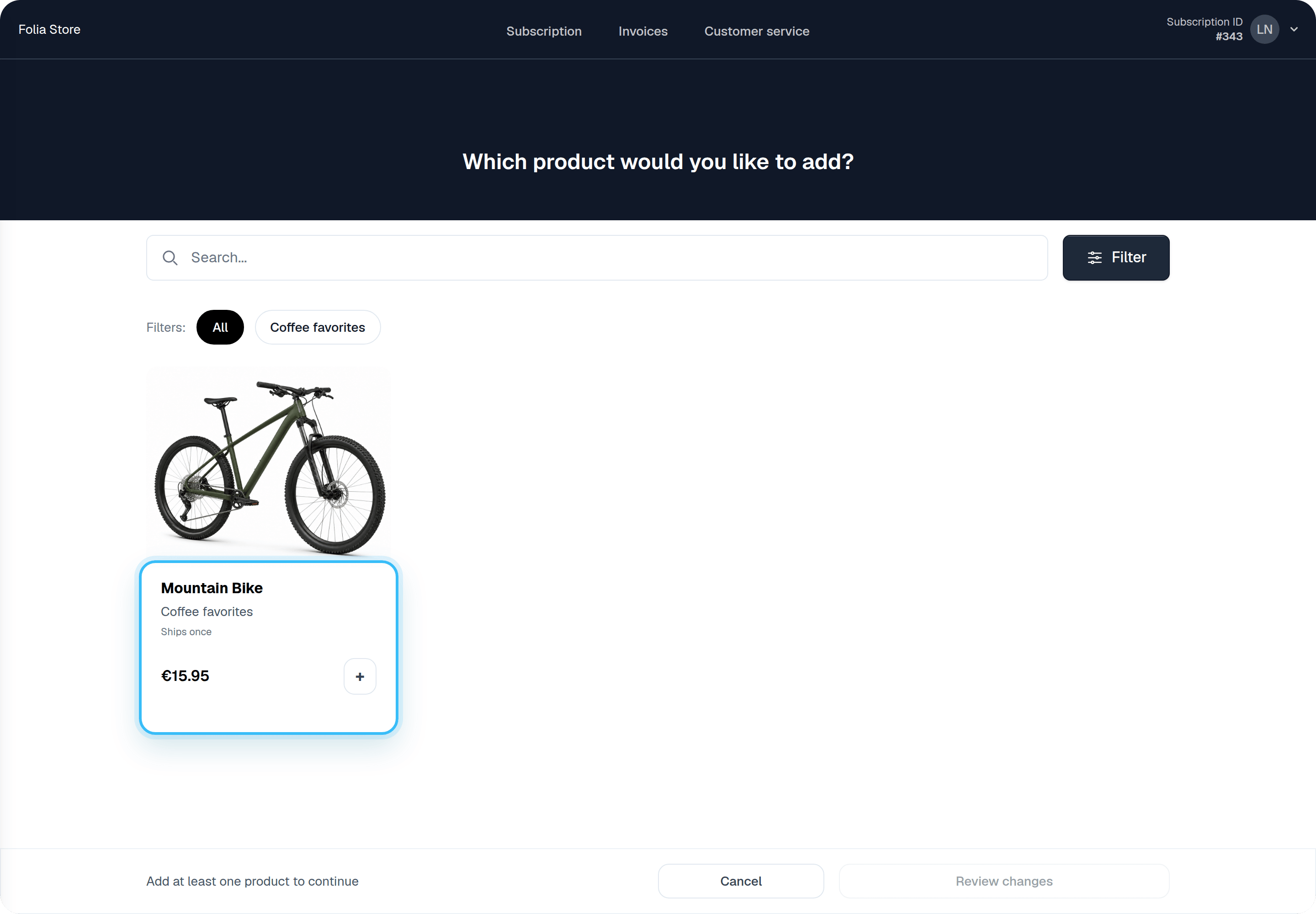Add-products catalog showing a ship-once product available across plan groups