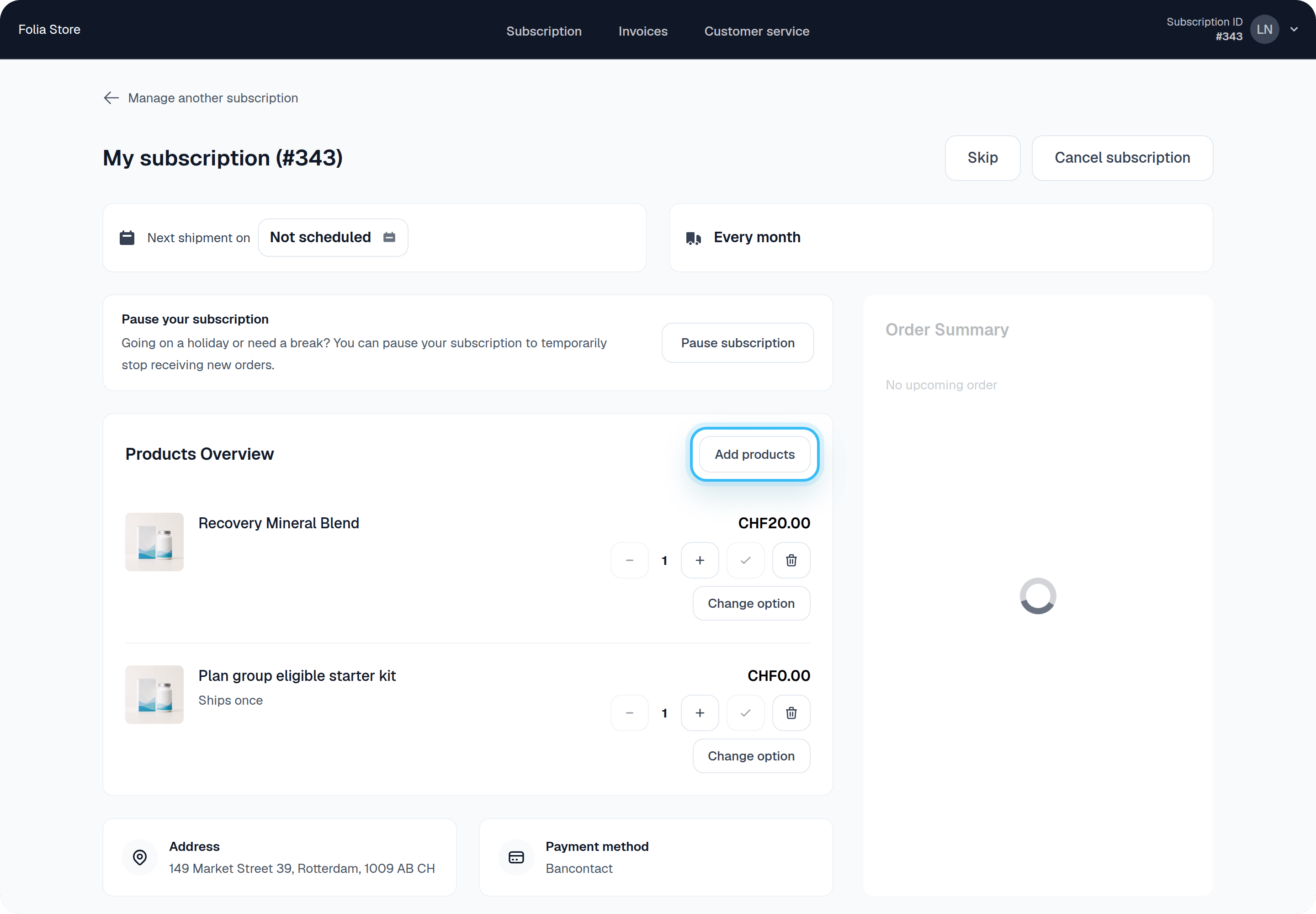 Customer Portal subscription dashboard with Add products highlighted