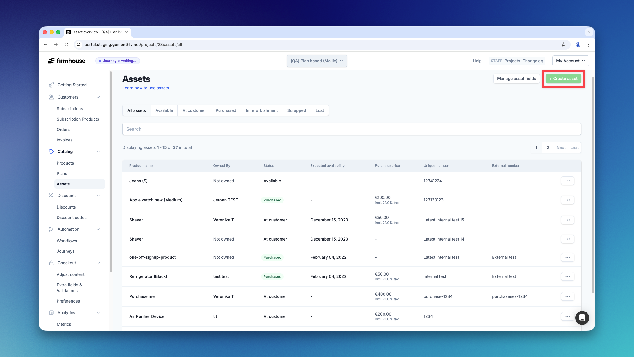 Assets Overview Create Button
