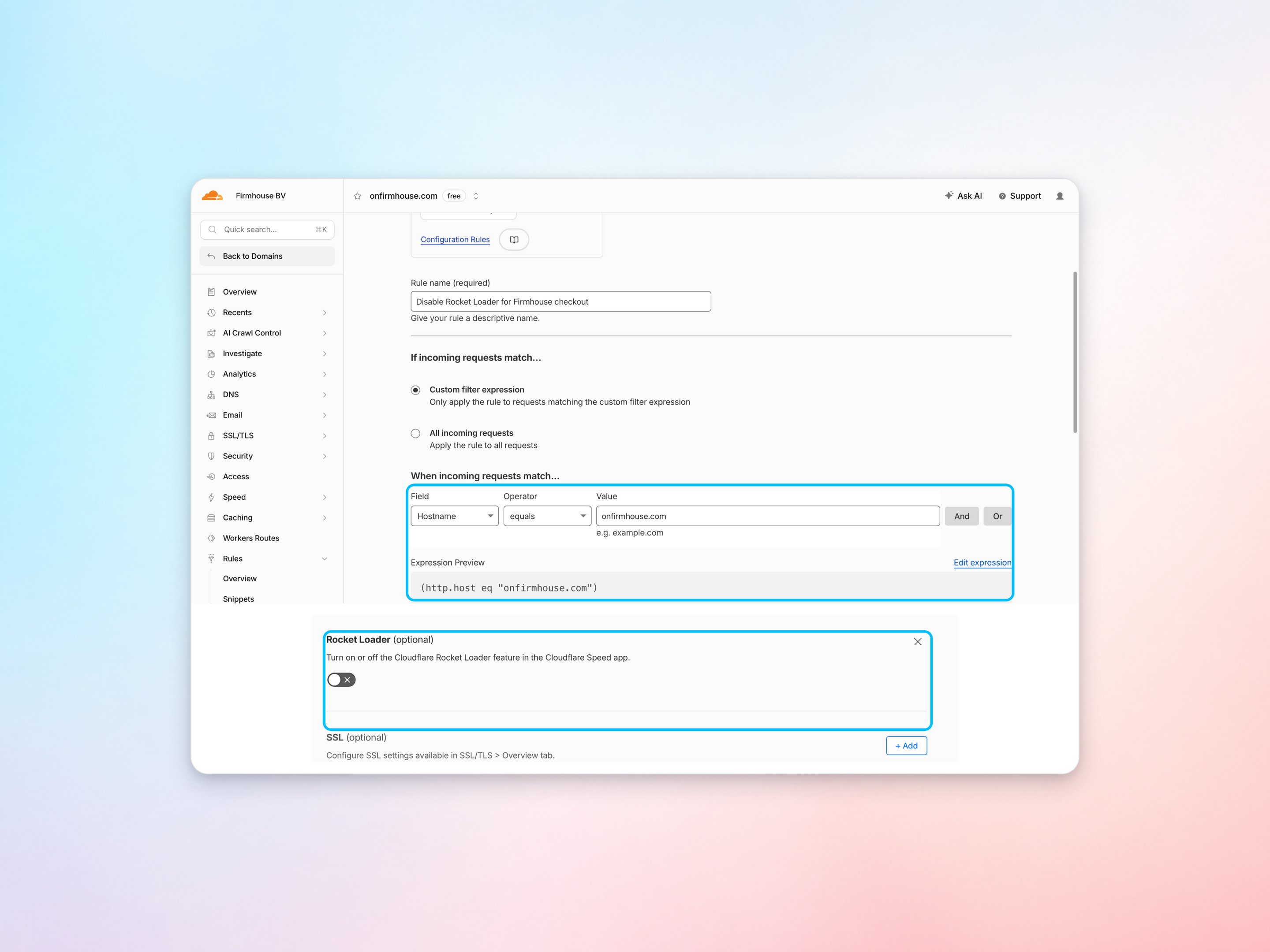 Cloudflare Configuration Rule matching the checkout hostname with Rocket Loader switched off