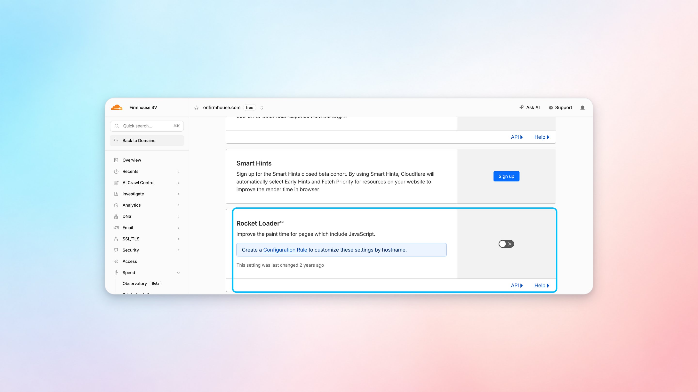 Cloudflare Rocket Loader setting switched off