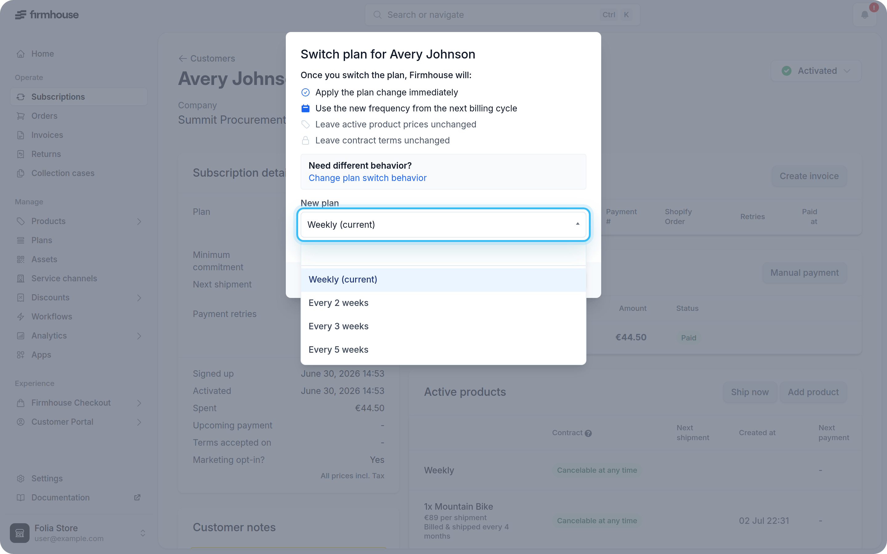 Switch plan modal with the New plan dropdown open