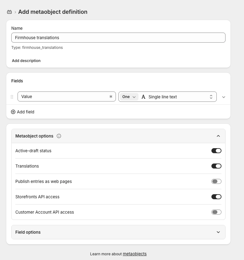 Create the Firmhouse translations metaobject definition with a single-line Value field and translations enabled