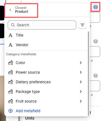 Open the dynamic-source picker and go back from Closest Product