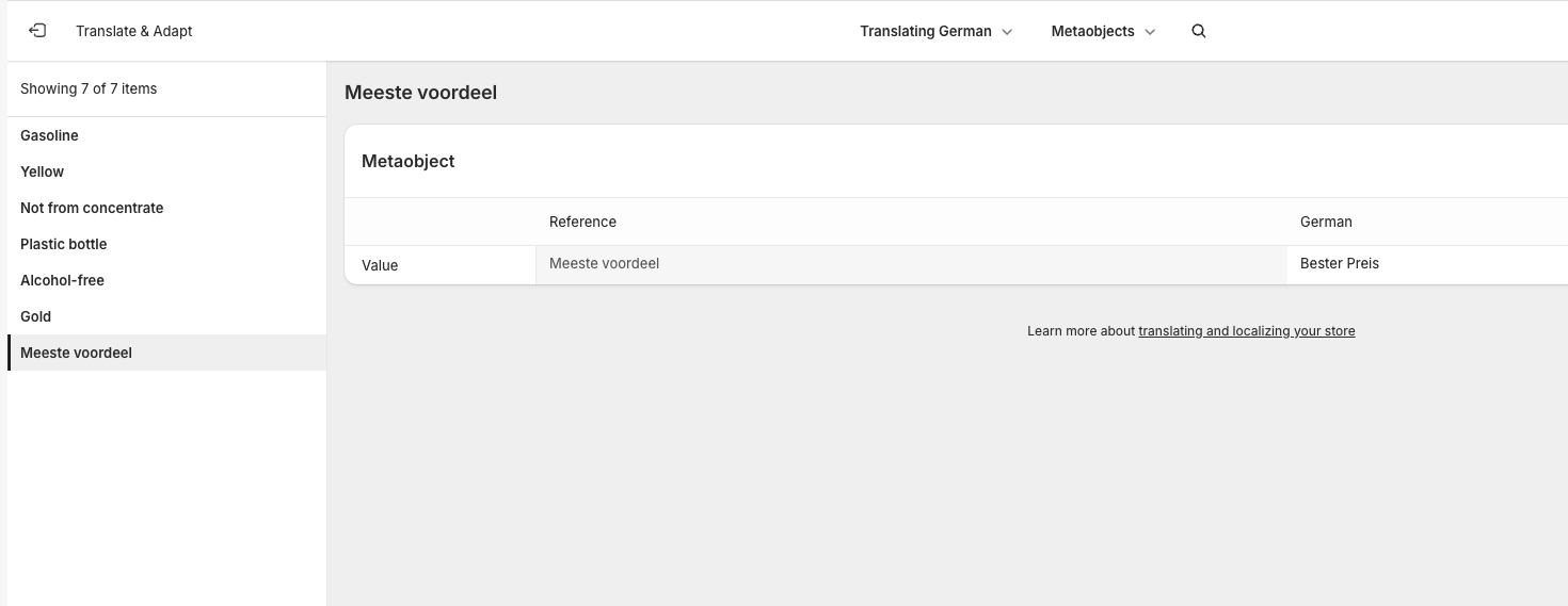 Translate the original metaobject value into German in Translate and Adapt