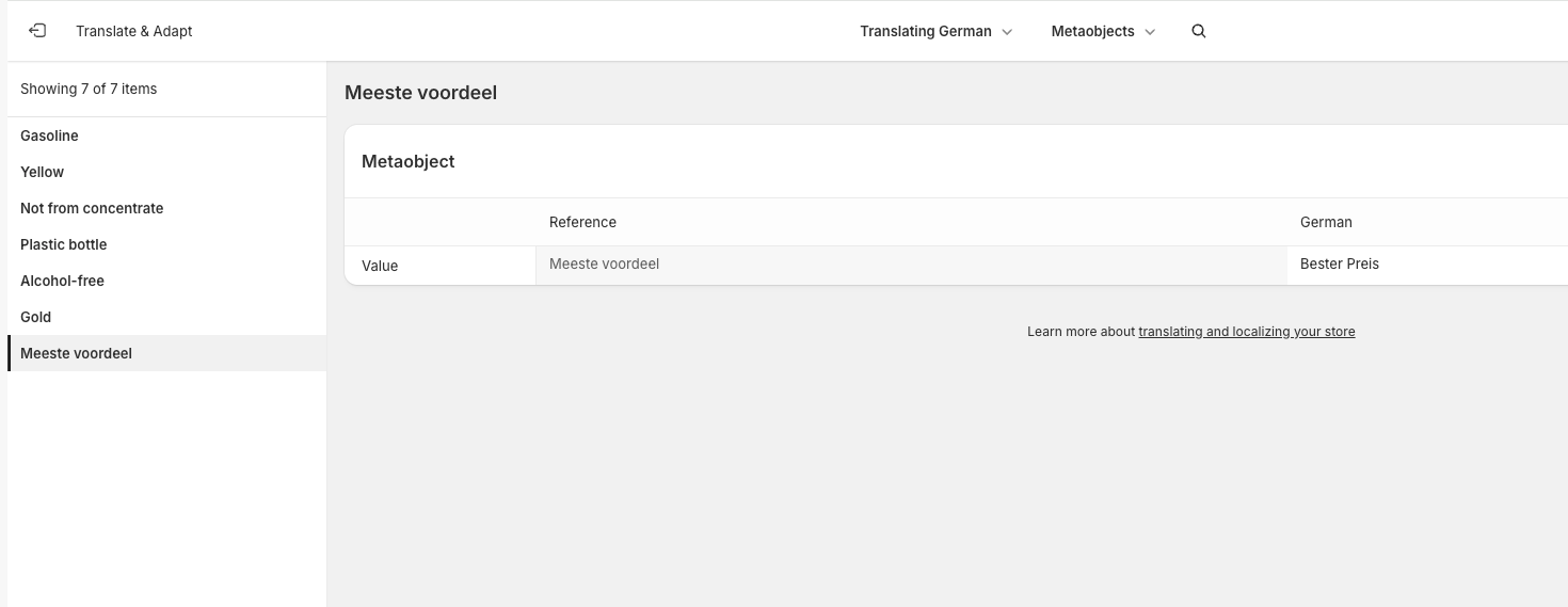 Translate the original metaobject value into German in Translate and Adapt