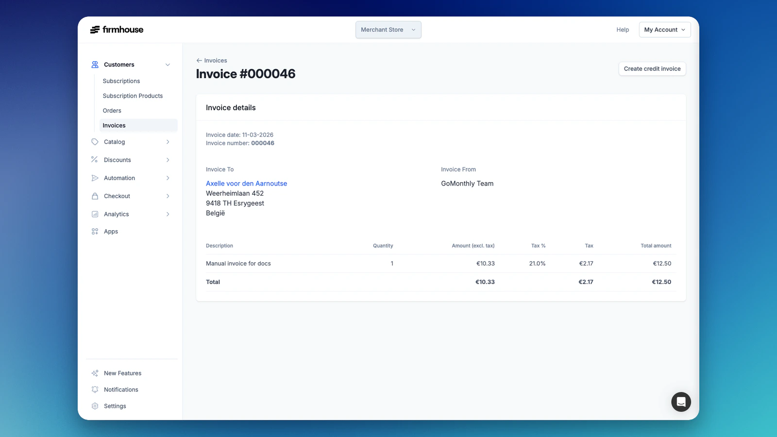 Invoice Detail with Create Credit Invoice Button