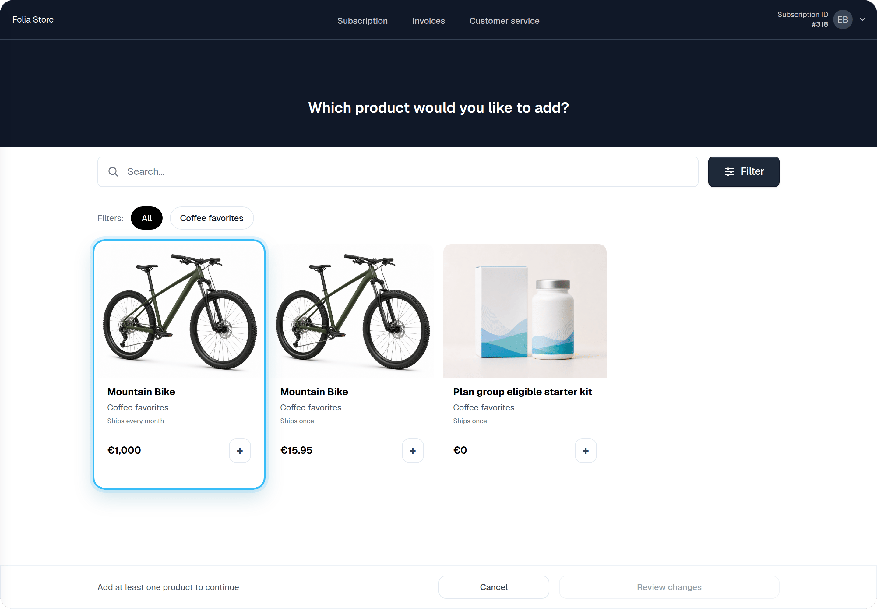 Add-products catalog with a single-variant Mountain Bike card shown without a variant selector