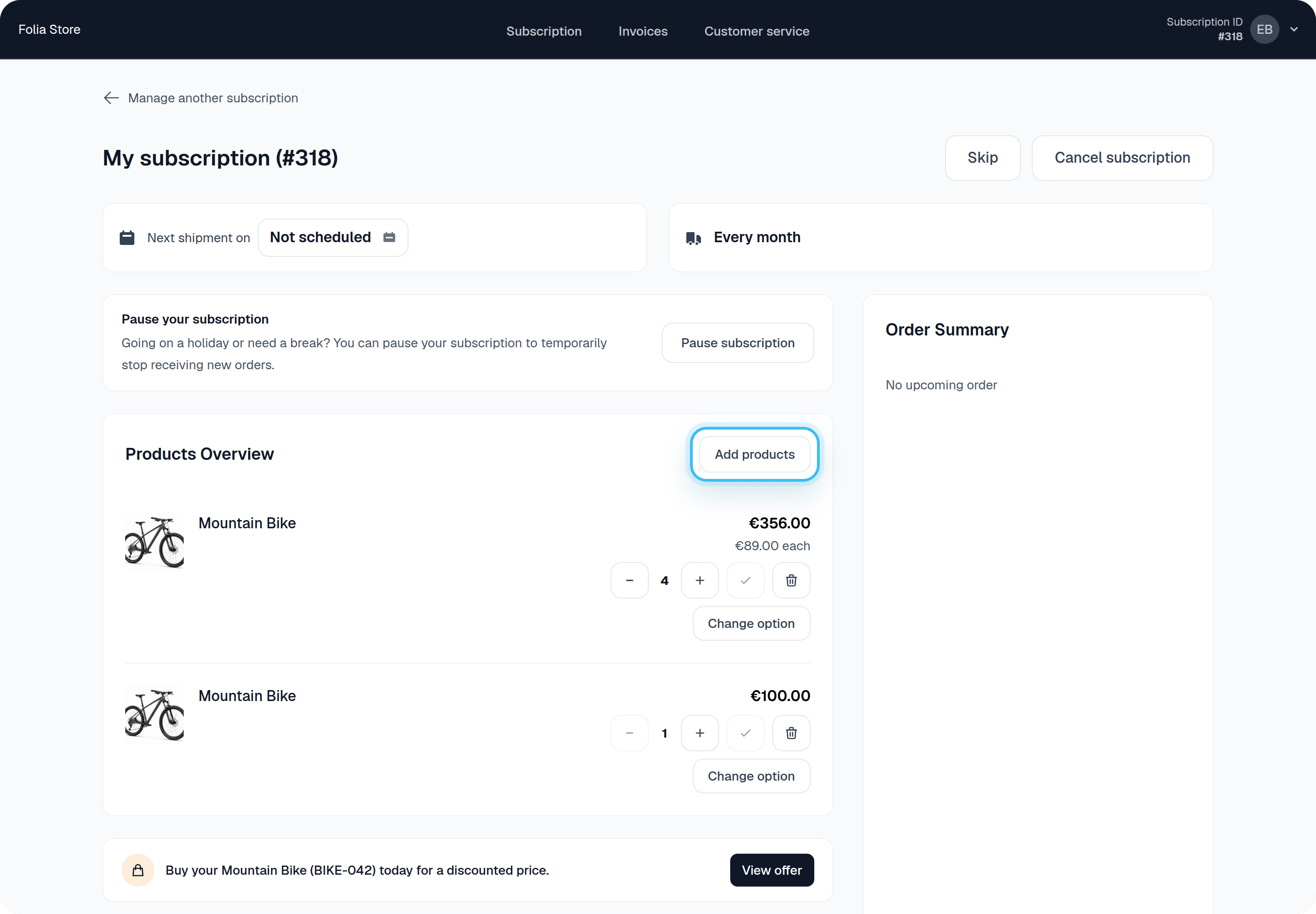 Customer Portal v2 subscription dashboard with Add products highlighted
