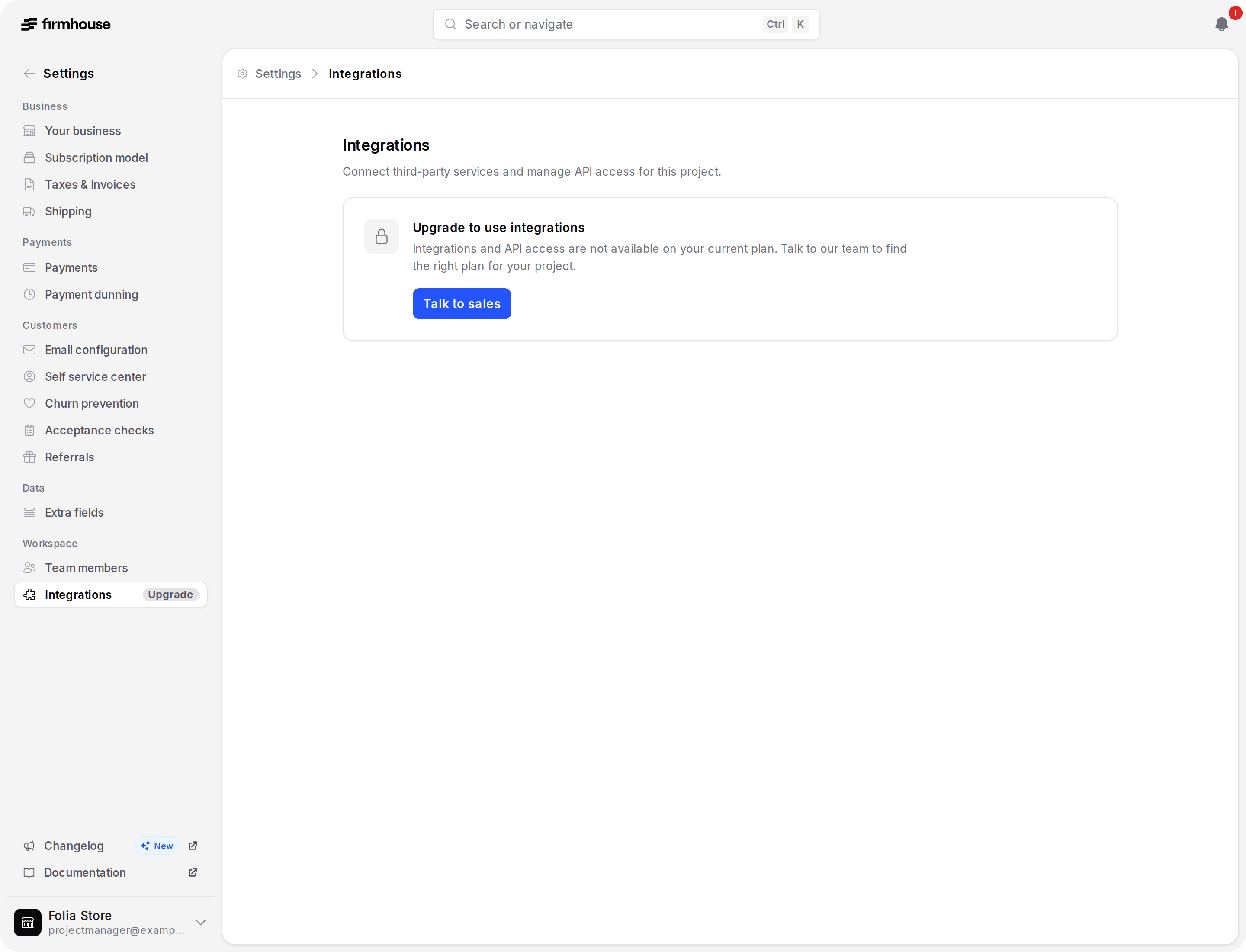 Integrations page explaining the required plan upgrade with a Talk to sales button