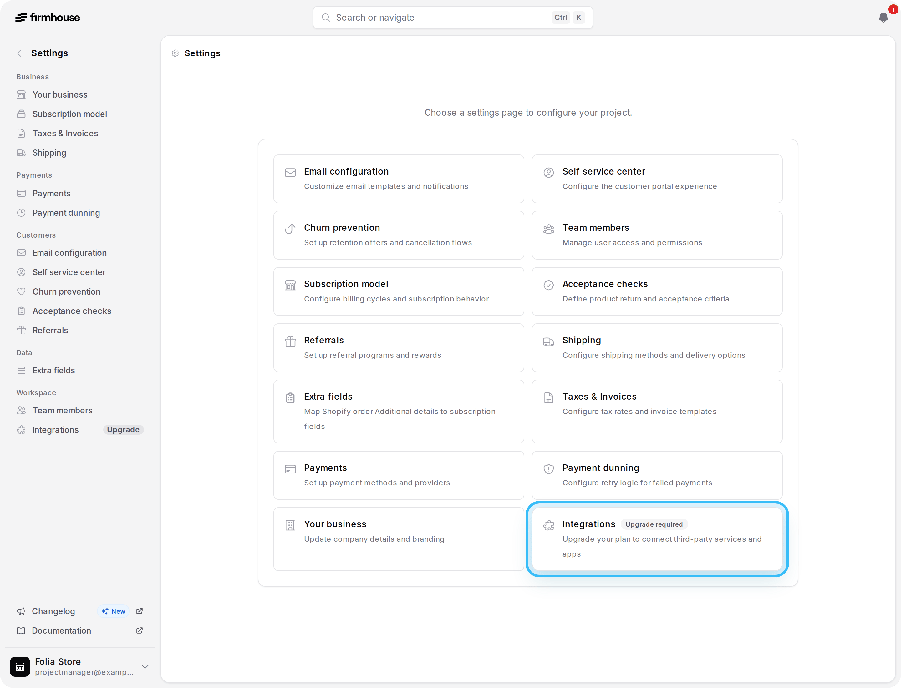 Settings page with the Integrations upgrade card highlighted