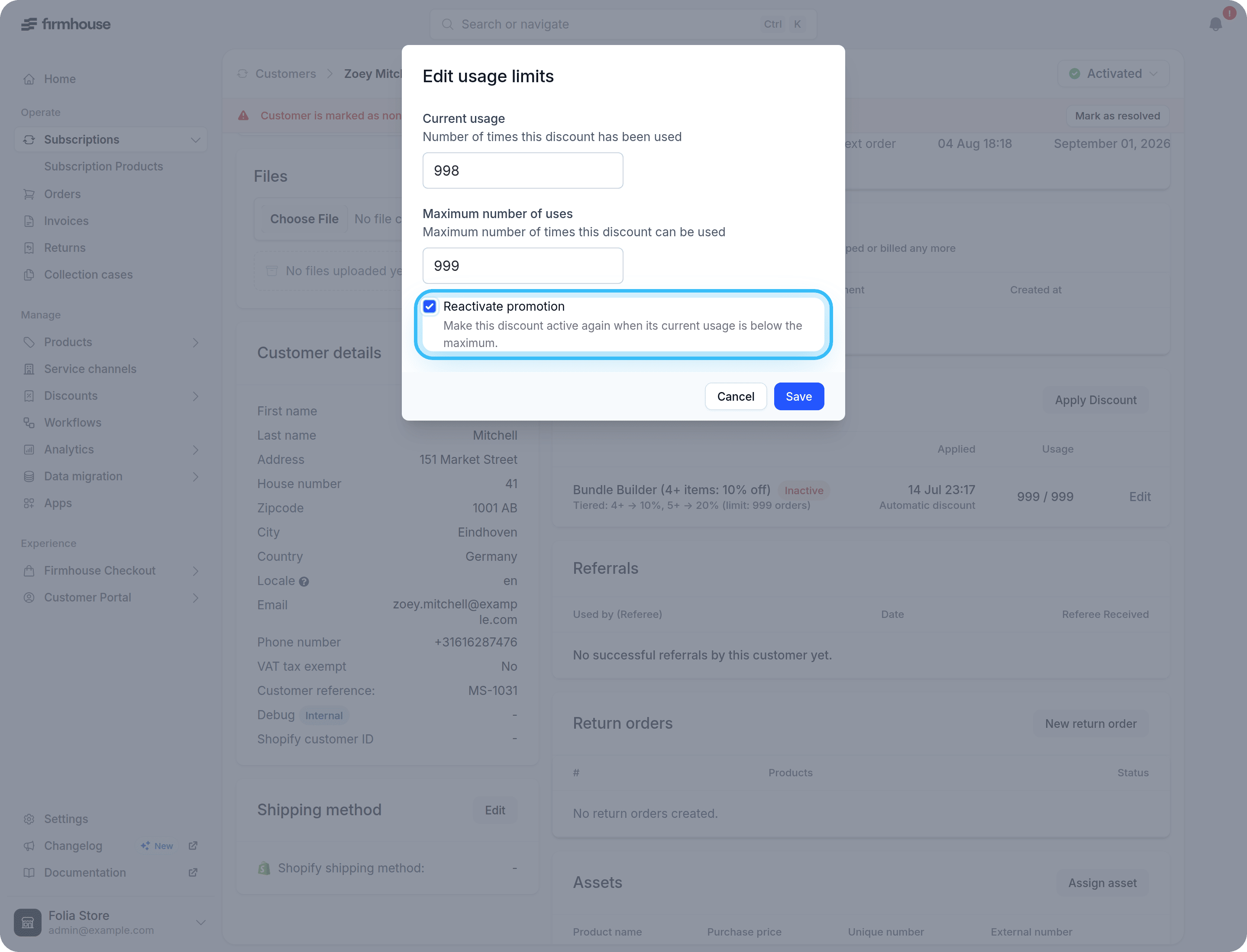 Edit usage limits modal with current usage lowered below the maximum and Reactivate promotion selected