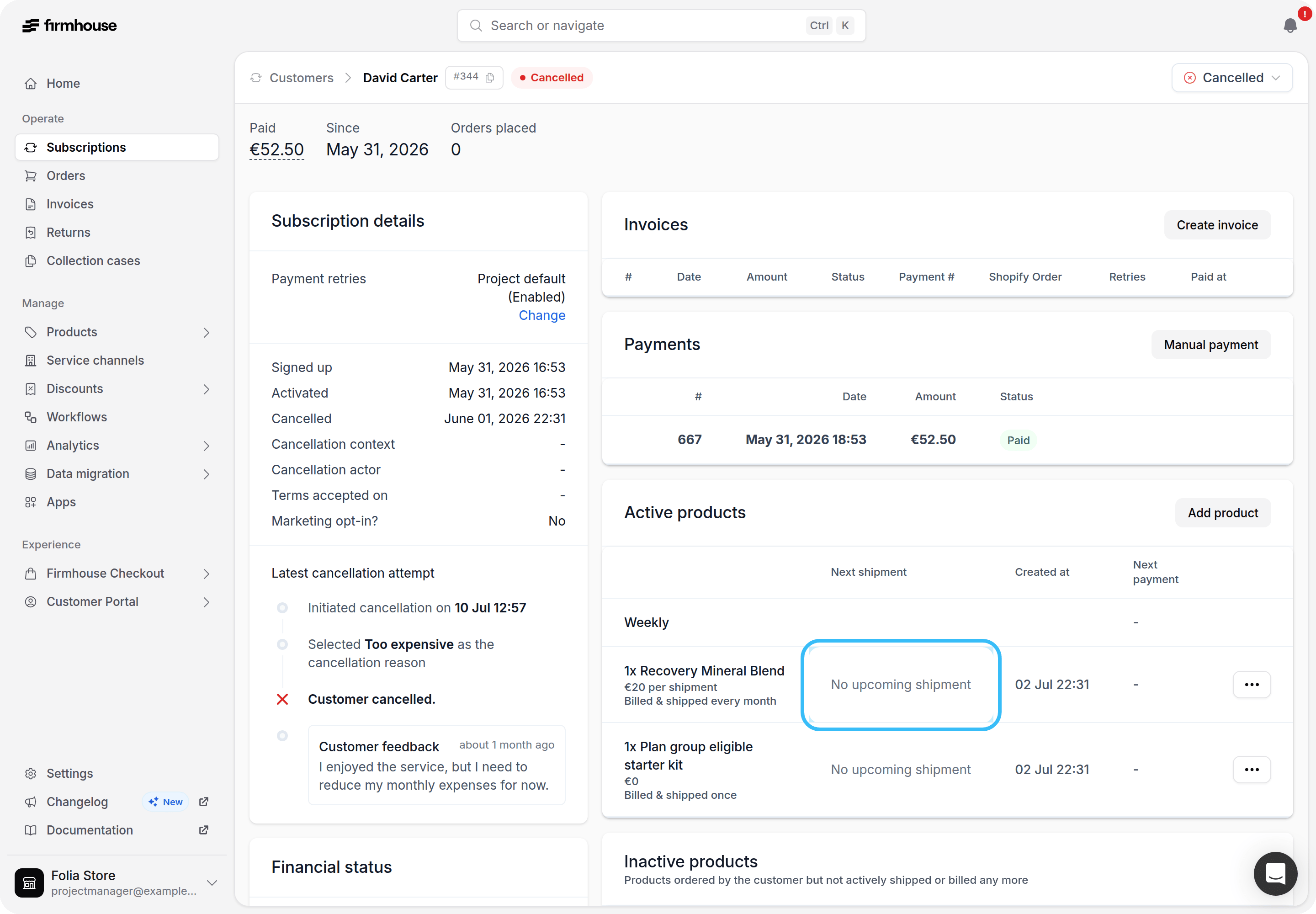 Cancelled customer details with no upcoming payment and No upcoming shipment highlighted