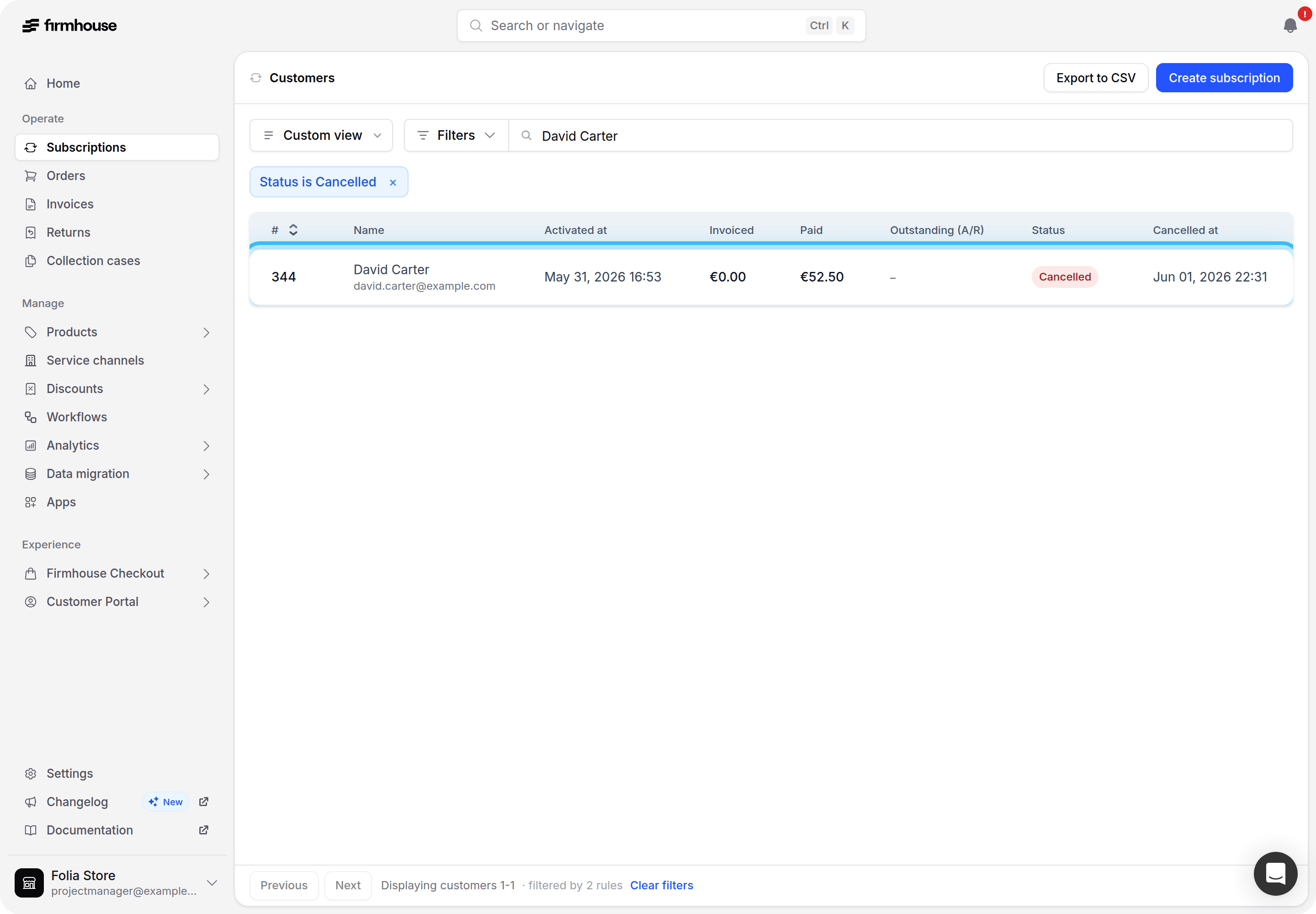 Cancelled subscriptions filtered to David Carter with the customer row highlighted