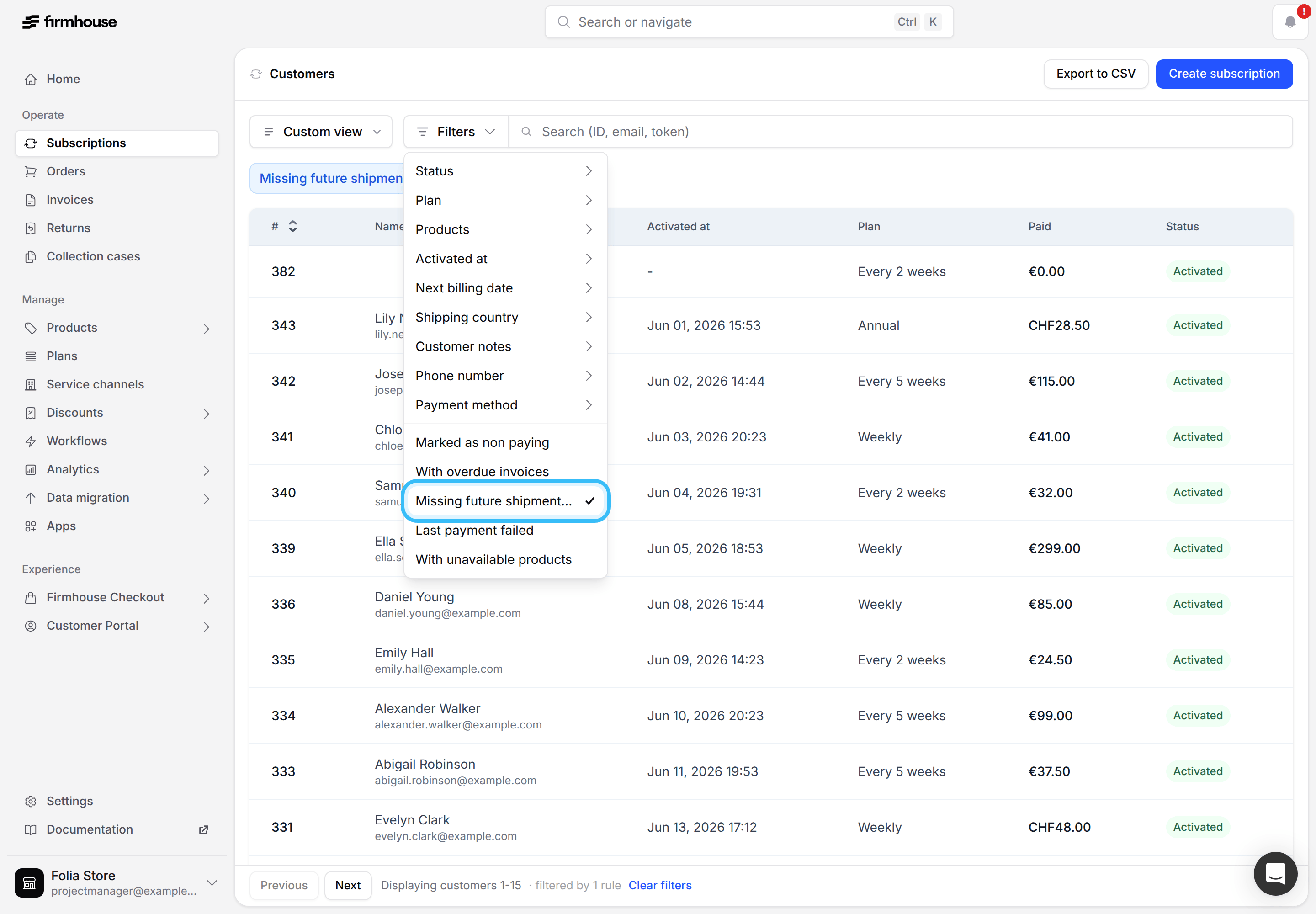 Subscriptions filtered by Missing future shipment date with the selected filter highlighted