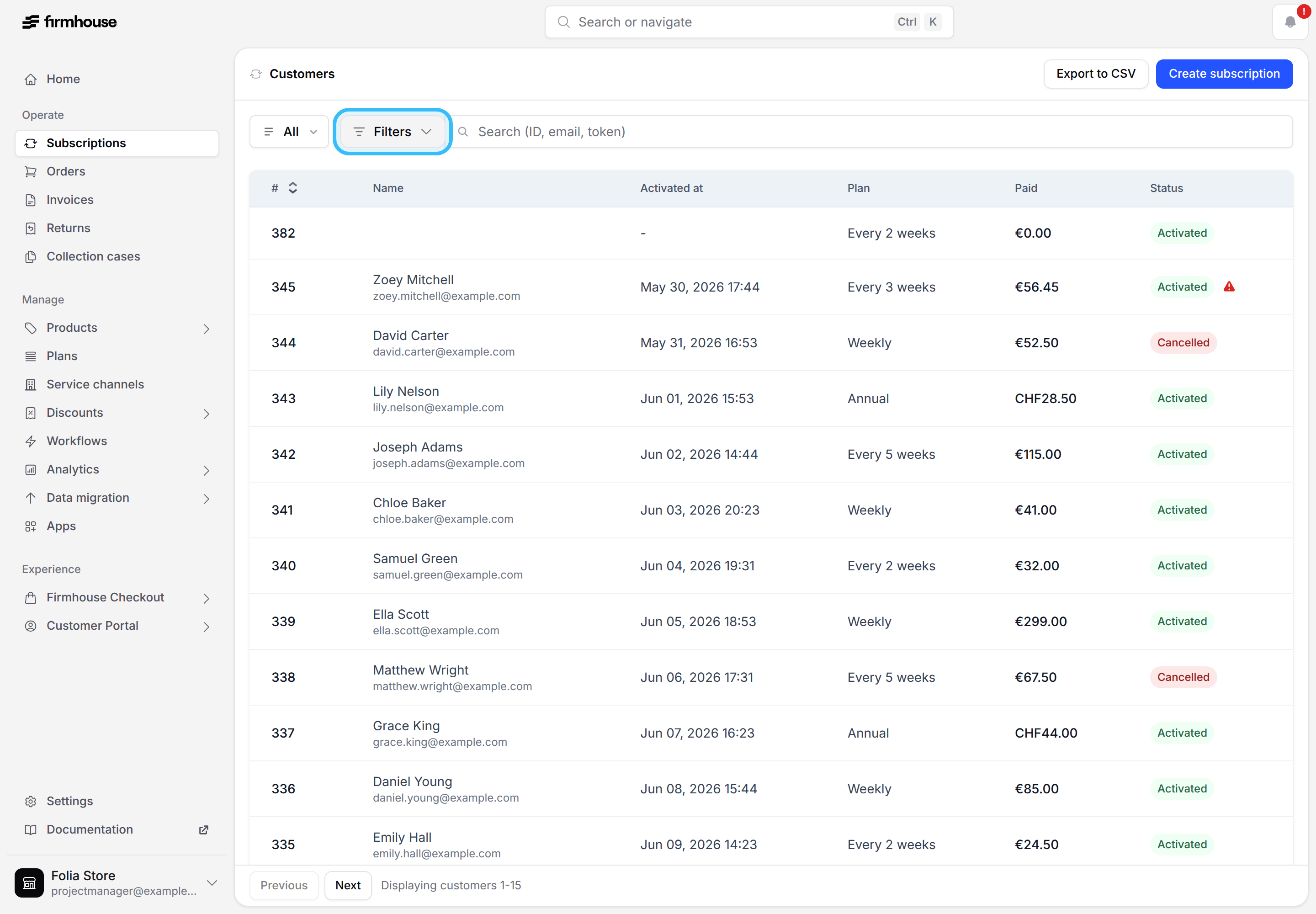 Subscriptions page with the Filters control highlighted
