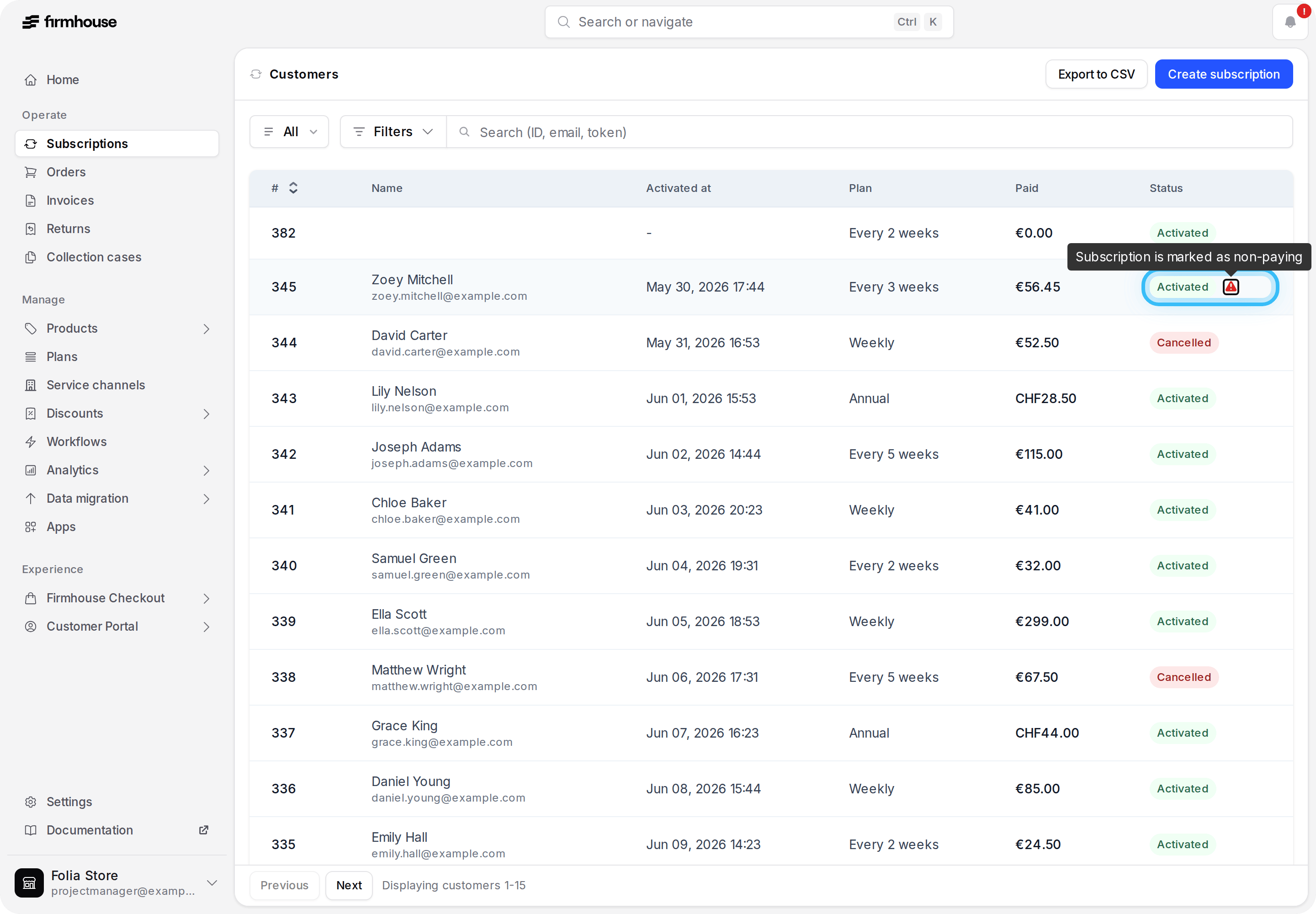 Subscriptions overview with the non-paying status indicator and tooltip highlighted