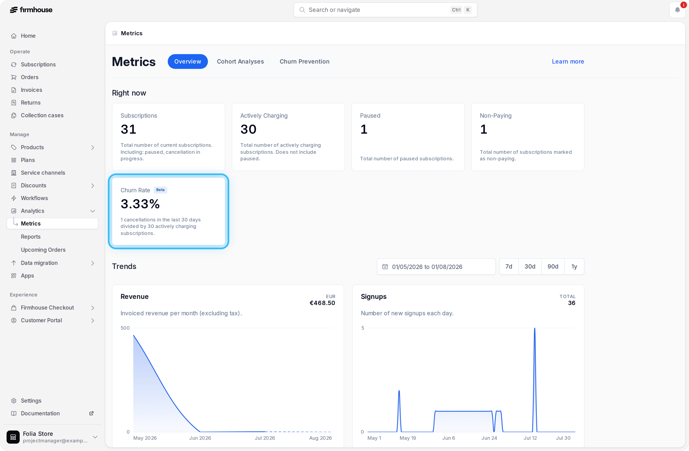 Metrics dashboard showing the subscription churn rate and its rolling 30-day calculation