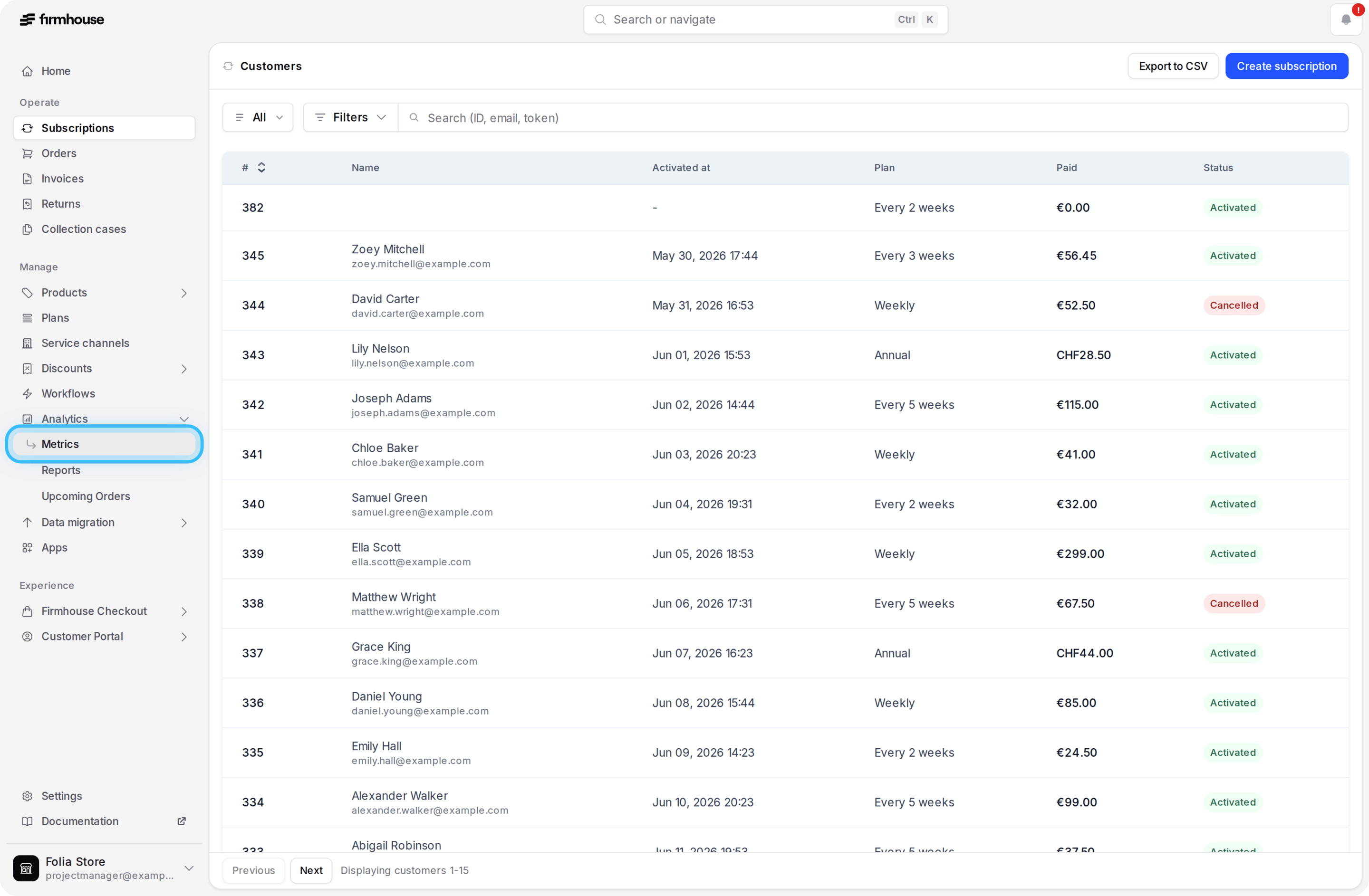 Analytics sidebar with the Metrics link highlighted